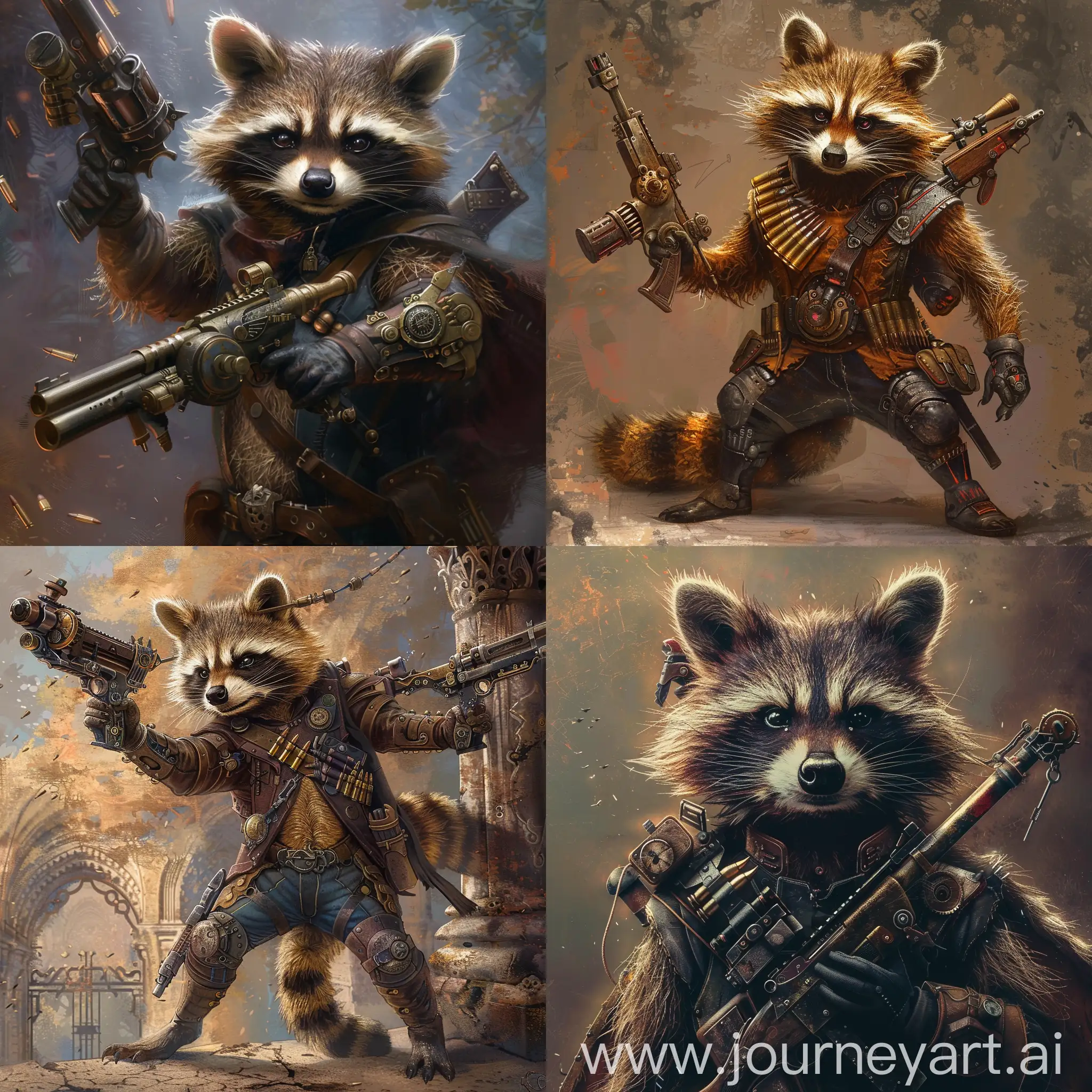 Rocket raccoon with a steampunk and medieval style and guns
