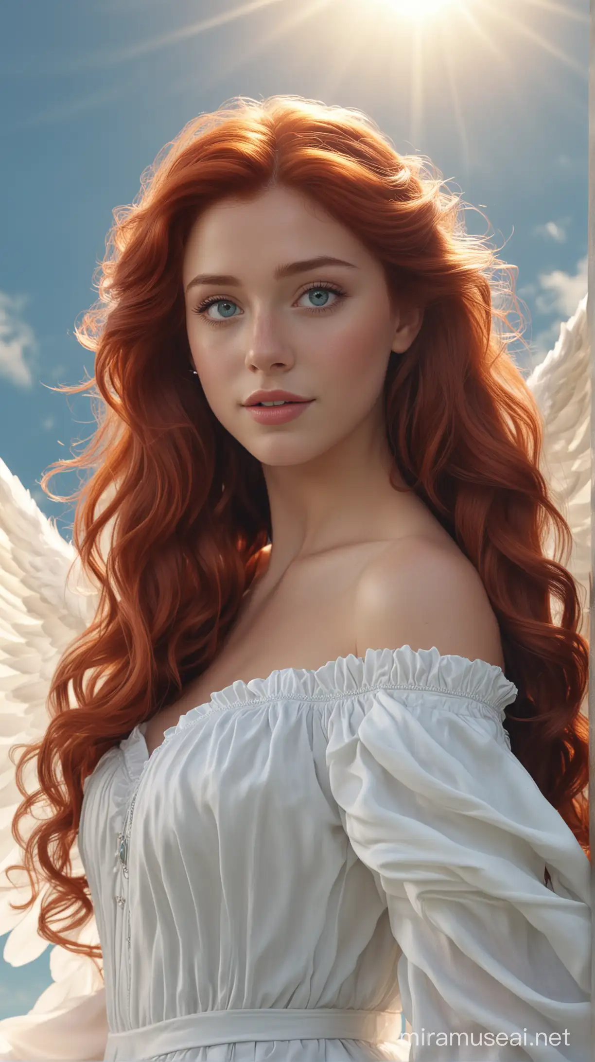 in the sky natural background  there are disney princess Ariel  Danish 18-years and long wavy red hair and blue eyes and celestial white dress and with large white angel wings face beautiful 8k re solution ultra-realistic