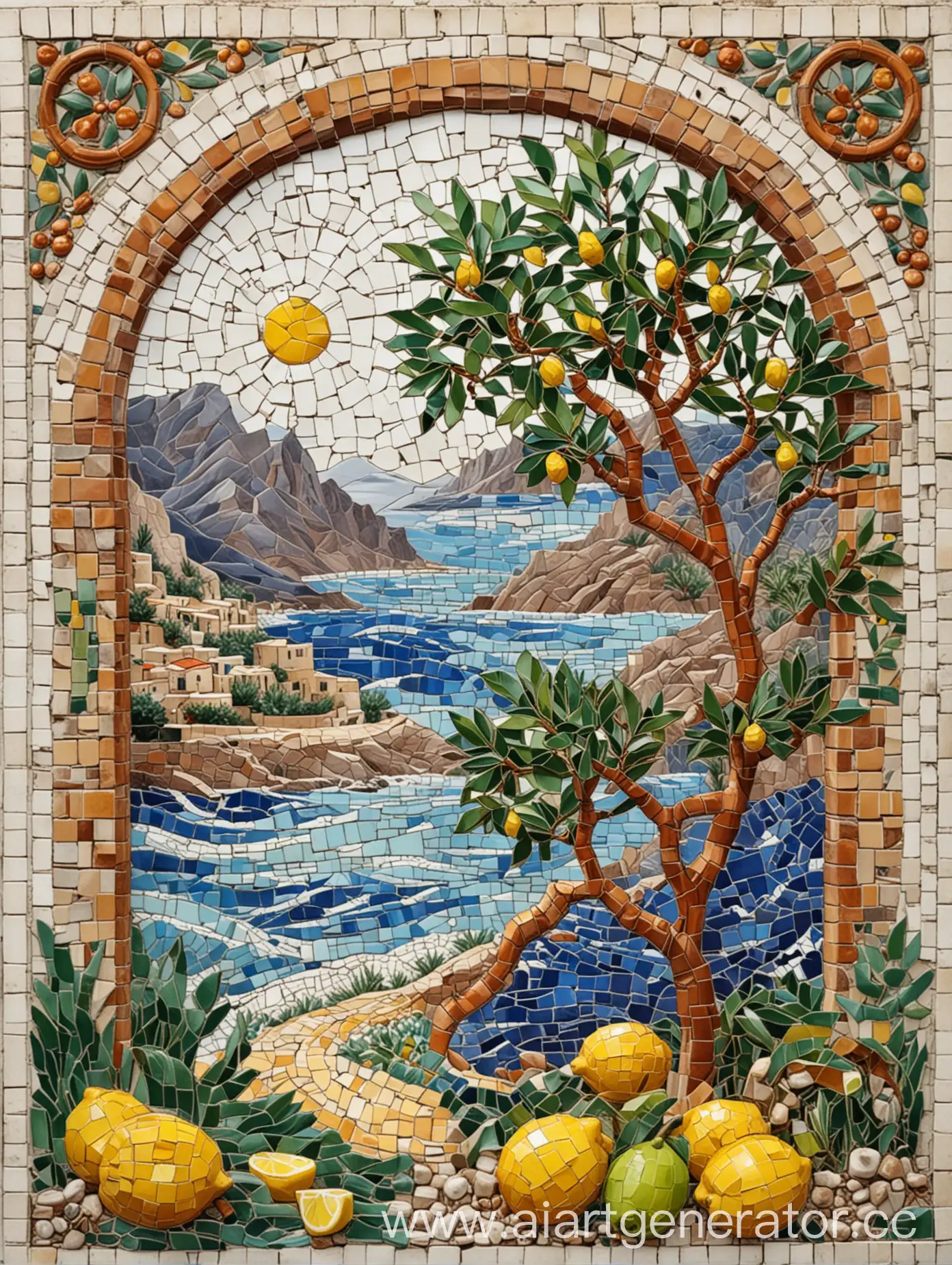 Mediterranean-Lemon-Tree-Mosaic-Panel-with-Stylized-Waves-and-Mountains