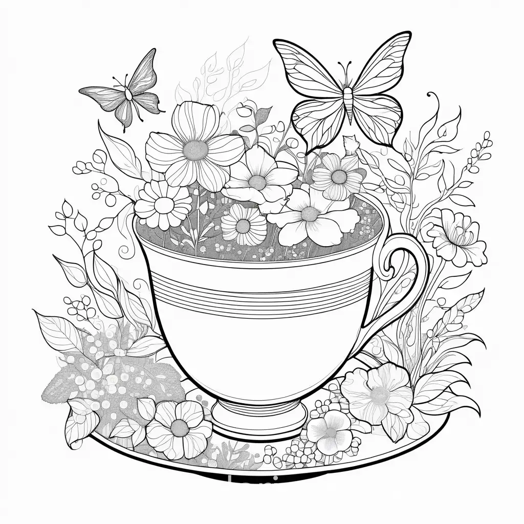 Tea cup  fairy flower garden, Coloring Page, black and white, line art, white background, Simplicity, Ample White Space. The background of the coloring page is plain white to make it easy for young children to color within the lines. The outlines of all the subjects are easy to distinguish, making it simple for kids to color without too much difficulty
