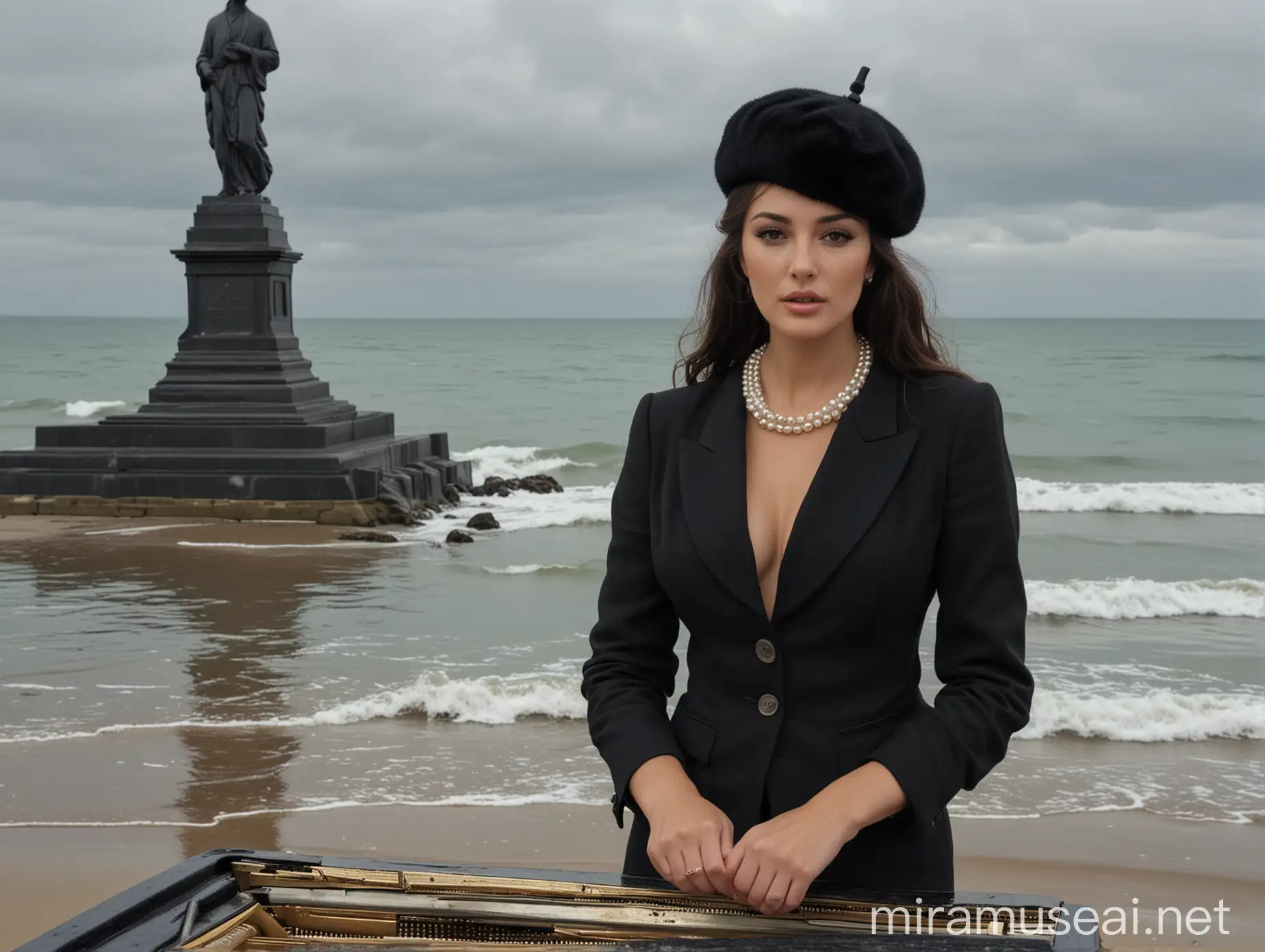Deva Cassel who is Monica Bellucci's daughter, with 60s makeup and hairstyle, wearing black wool bubbly pillbox hat, pearl necklace, and black blazer, stands by the piano on the sea shore, the weather is cloudy, there are waves in the sea, ������ ���� �full shot