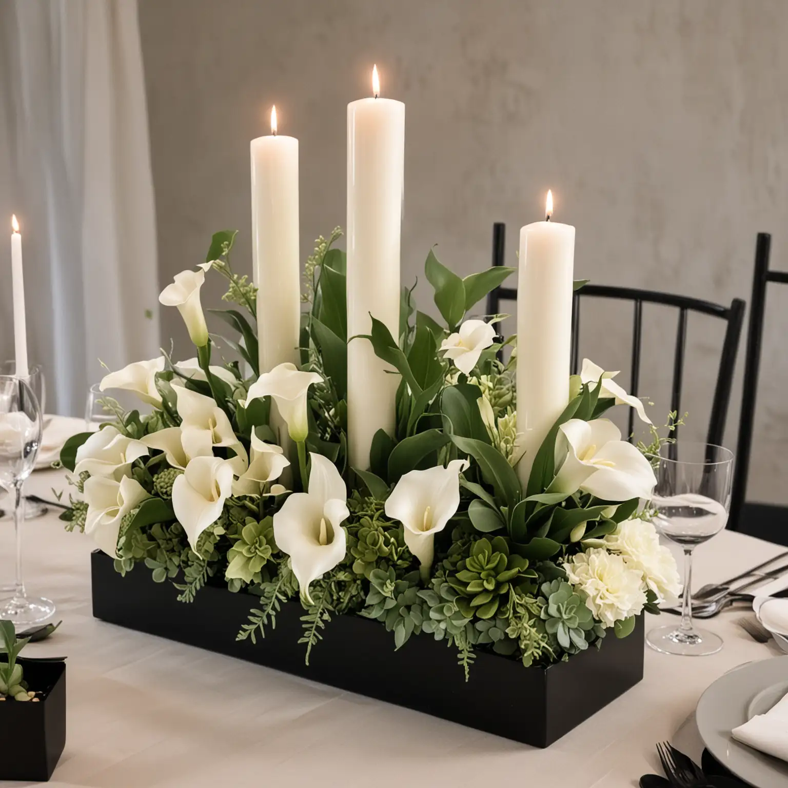 an modern wedding centerpiece with a sleek rectangular black metal vase with white pillar candles balanced beautifully with white calla lilies and succulents