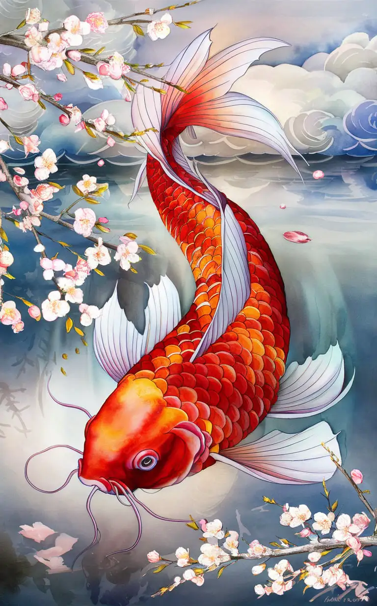 a watercolor coy fish in a  pond with cherry blossoms   