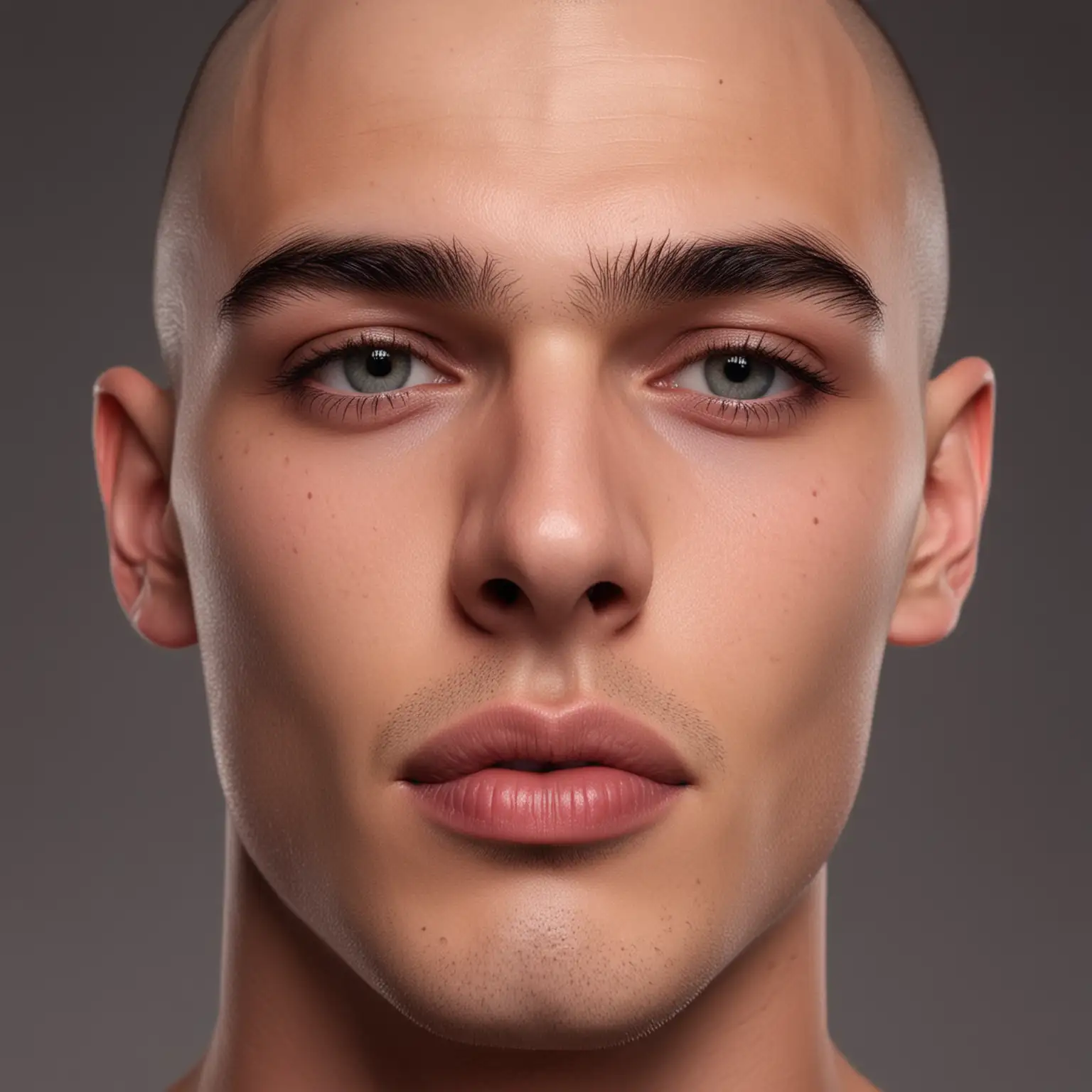 22 yo handsome male model, shaved, symmetric face, handsome, huge lips, thick brows, perfect, HD, 8K, skin texture, square jaw, front view, bald,