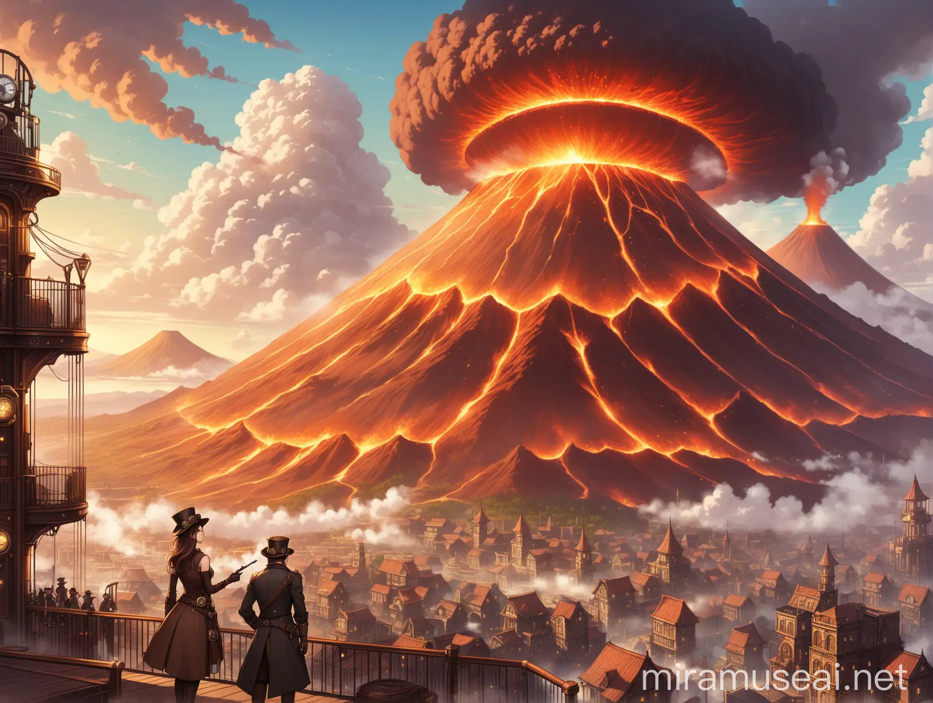 a steampunk city fantasy in front of a smoking colossal shield volcano