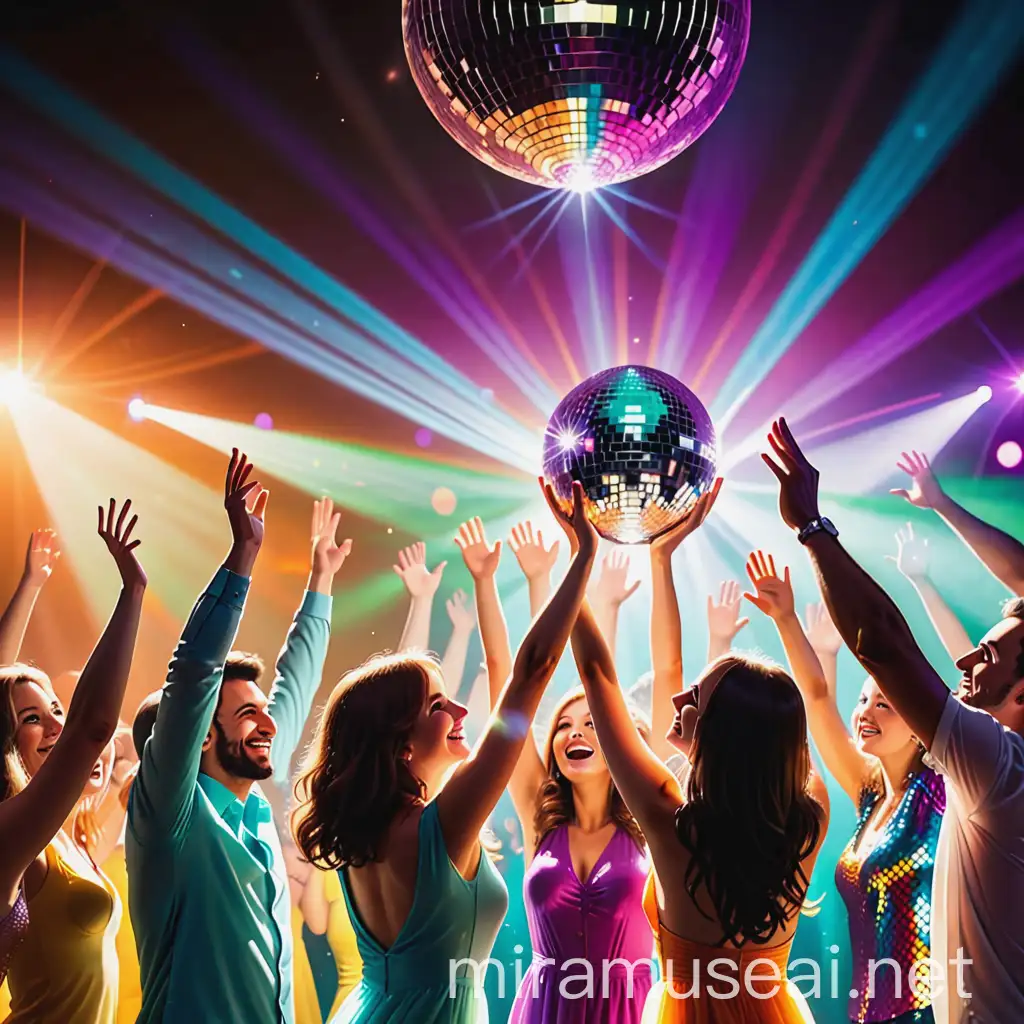 Joyful Crowd Dancing under Shimmering Disco Ball
