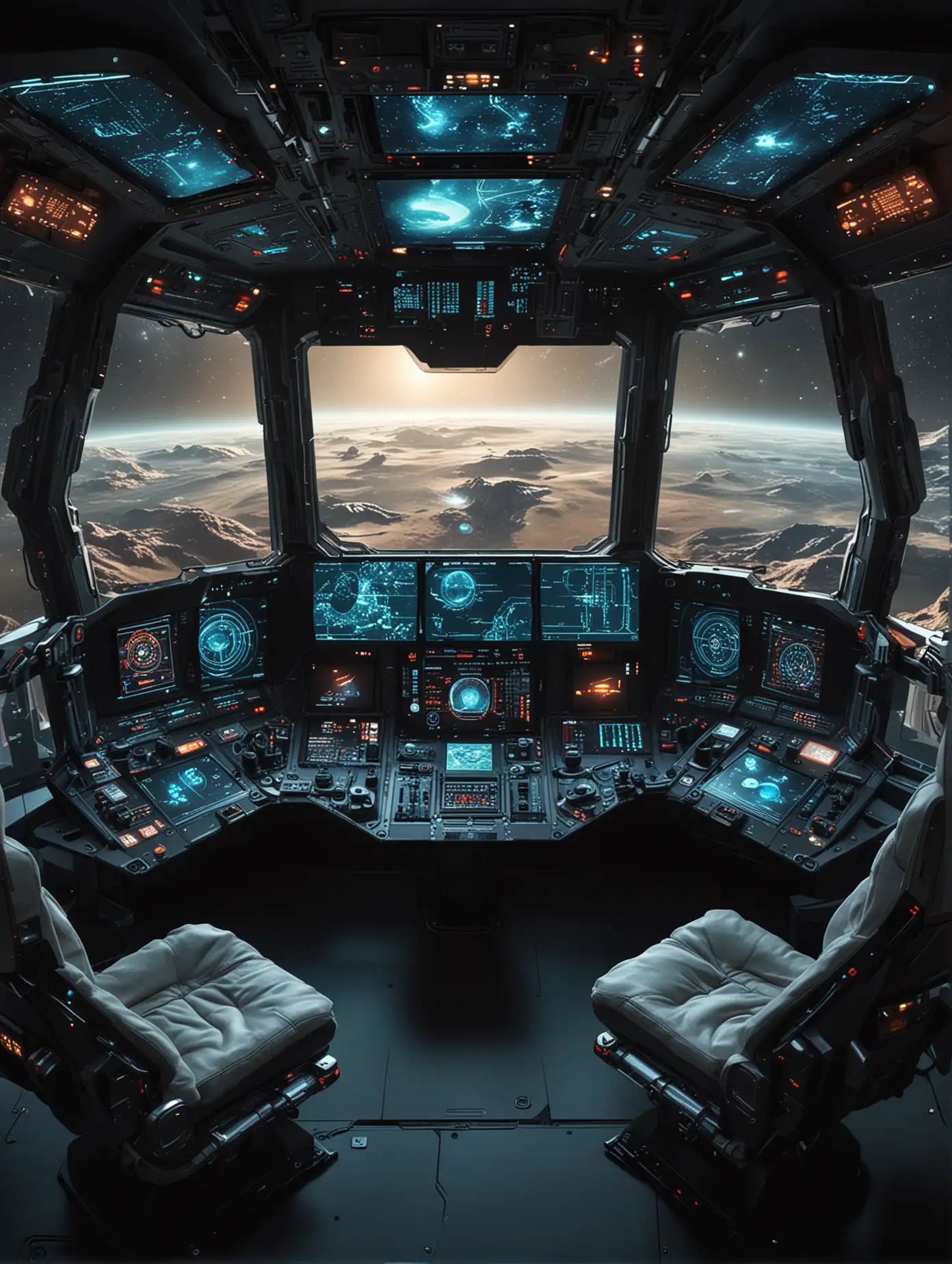 A futuristic spaceship cockpit with a large command center and multiple seats. The cockpit is spacious and high-tech, featuring a central command table surrounded by ergonomic crew seats. The large window provides an expansive view of outer space, showcasing stars, nebulae, and distant planets. Advanced holographic displays and controls are integrated into the command table, providing real-time data, navigation information, and interactive controls. The overall design is sleek, modern, and sophisticated, with a strong sci-fi aesthetic.