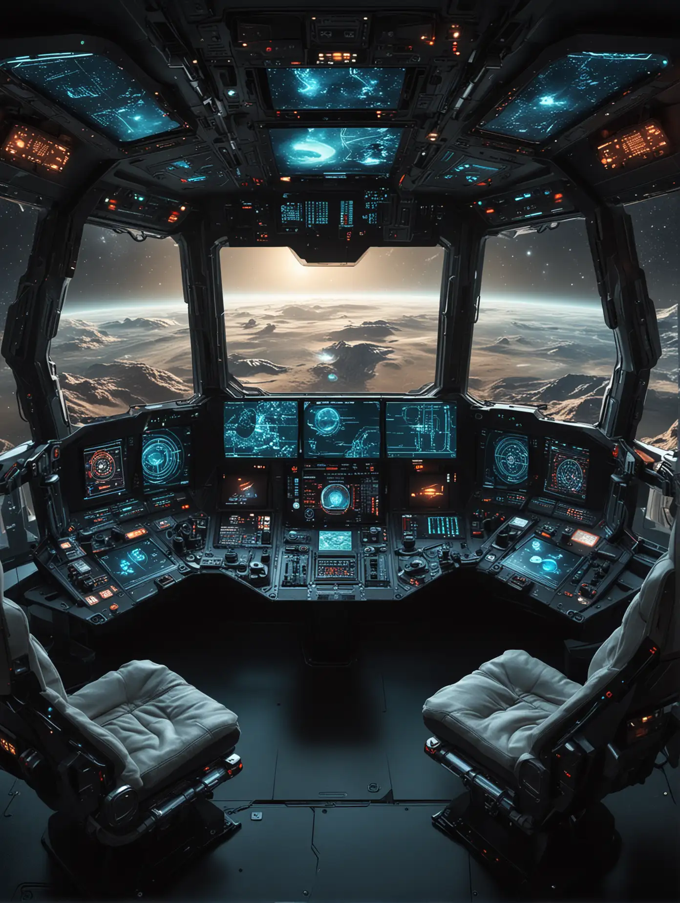 A futuristic spaceship cockpit with a large command center and multiple seats. The cockpit is spacious and high-tech, featuring a central command table surrounded by ergonomic crew seats. The large window provides an expansive view of outer space, showcasing stars, nebulae, and distant planets. Advanced holographic displays and controls are integrated into the command table, providing real-time data, navigation information, and interactive controls. The overall design is sleek, modern, and sophisticated, with a strong sci-fi aesthetic.
