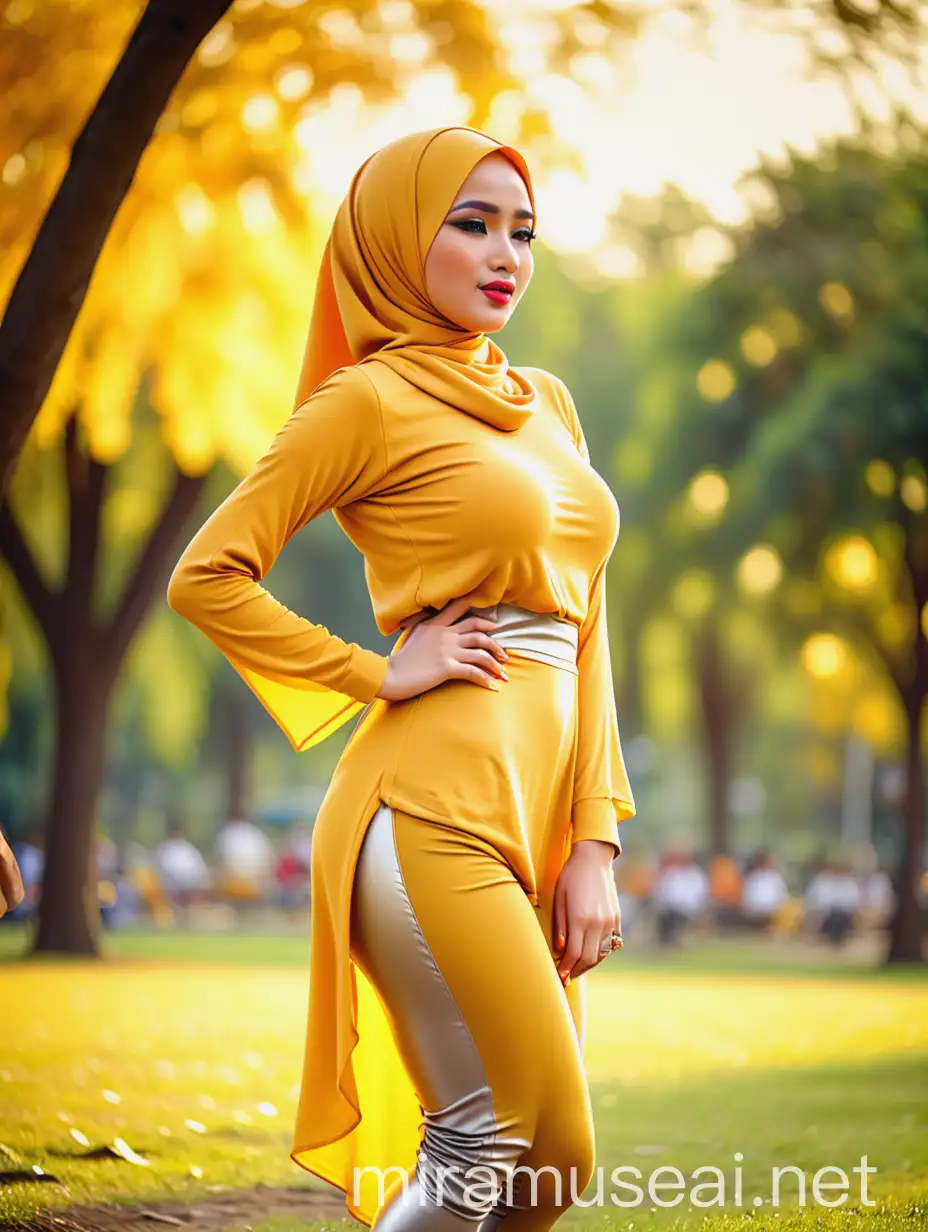 female with hijab from indonesia, rural face, thick lips and sexy, thin waist, big breast.nwearing long tight blouse golden yellow, tight silver leggings and wedges heels.ndancing jaipongan in the park, atmosphere of afternoon sun shining yellow, bokeh background.