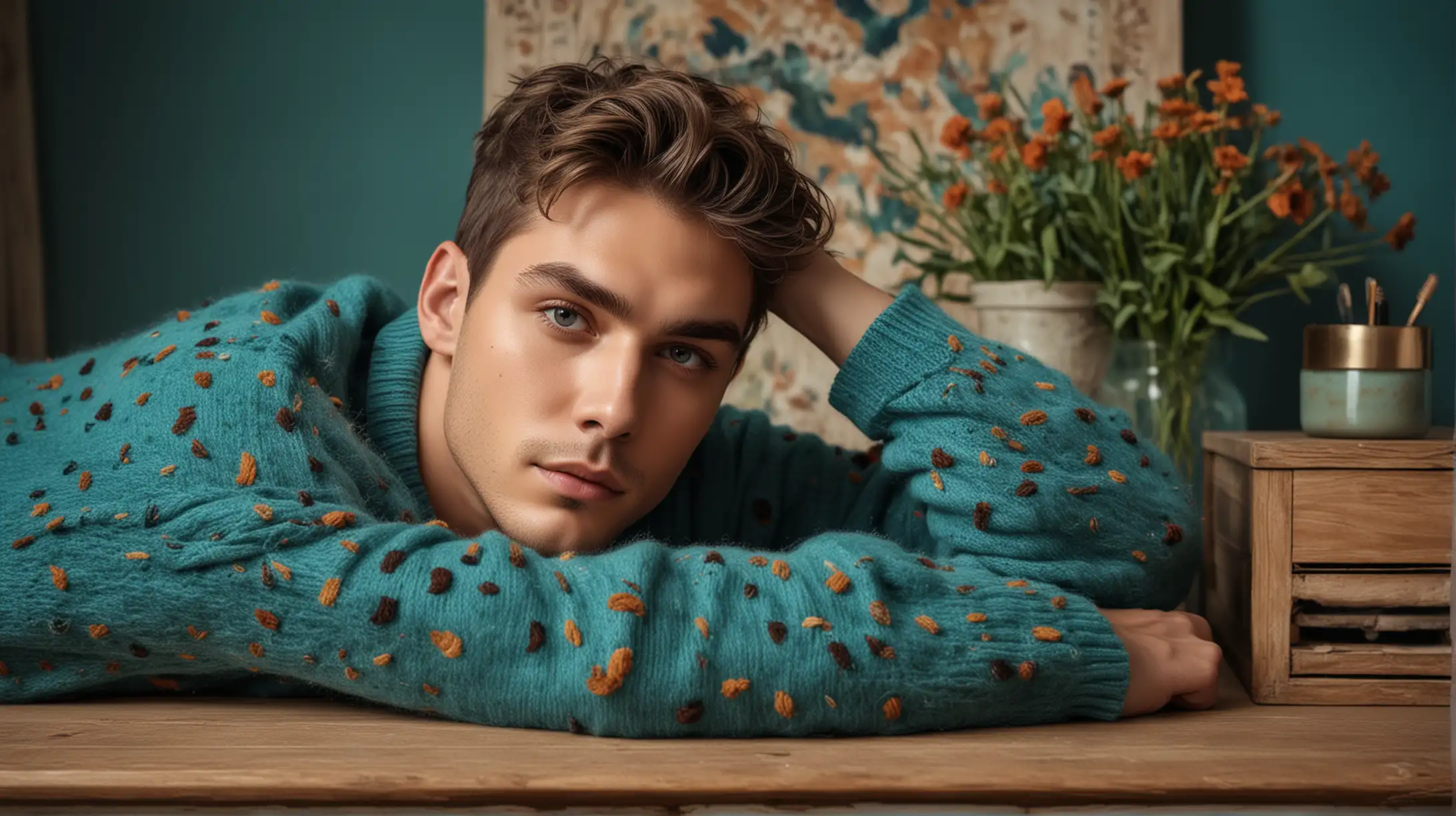 Colorful Boho Style Handsome Male Model in Sweater and Mascara on Dresser