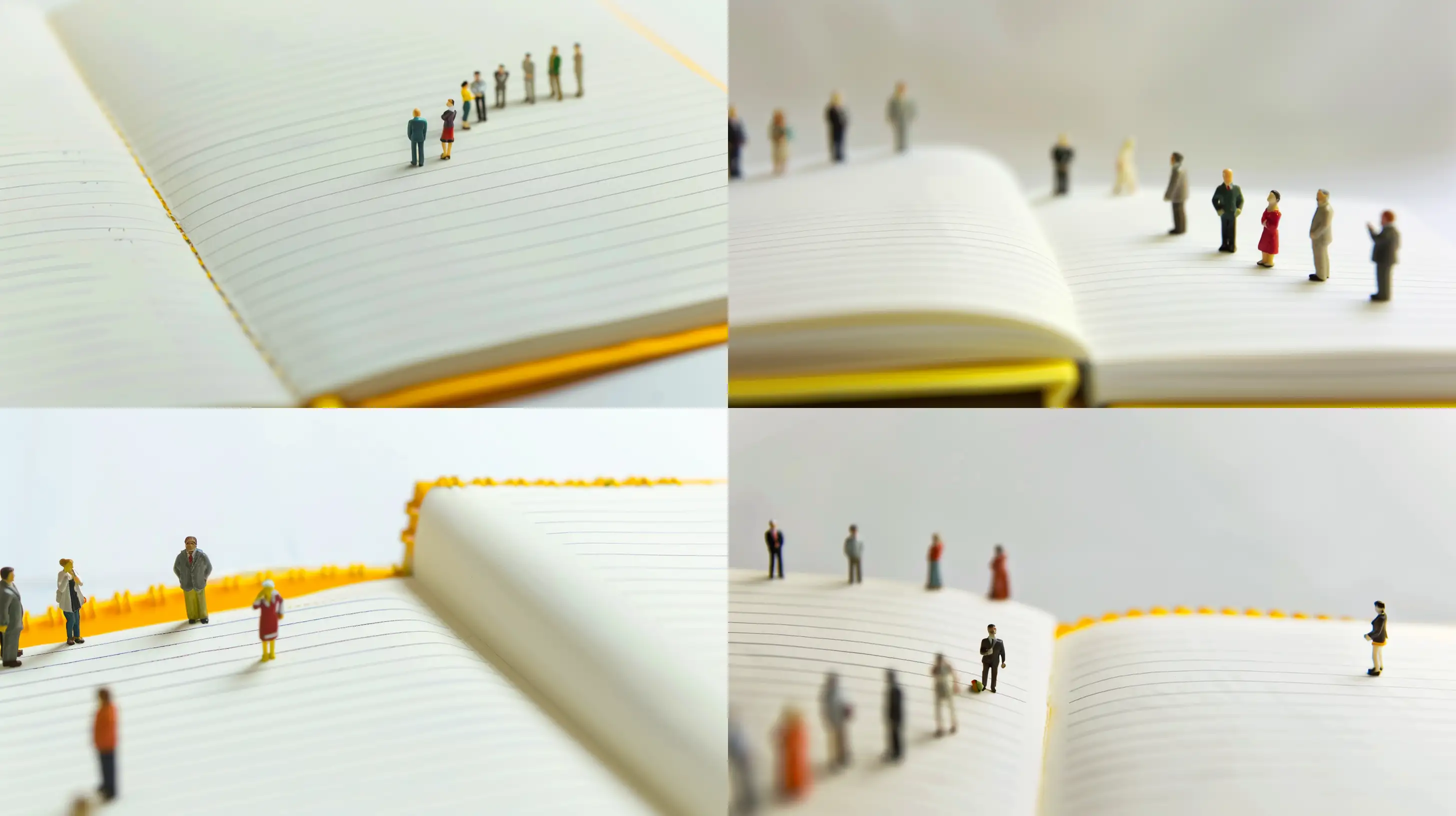 Create a minimalist image featuring small figurines of people, each dressed differently, lined up on an open notebook with lined pages. The background should be bright and predominantly white, emphasizing the simplicity and focus on the figurines. The notebook should have a distinctive yellow edge, adding a subtle pop of color to the composition. This setup should evoke the concept of organization, planning, or human resources in a subtle, artistic way --ar 16:9