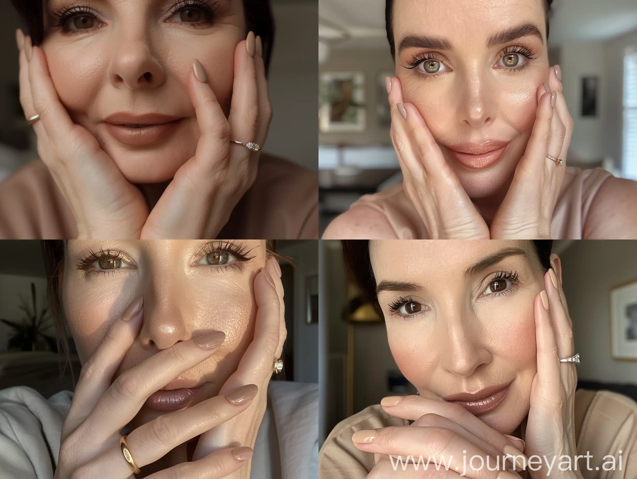 British-Mothers-CloseUp-Selfie-with-Matte-Brown-Makeup-and-AlmondShaped-Gel-Nails