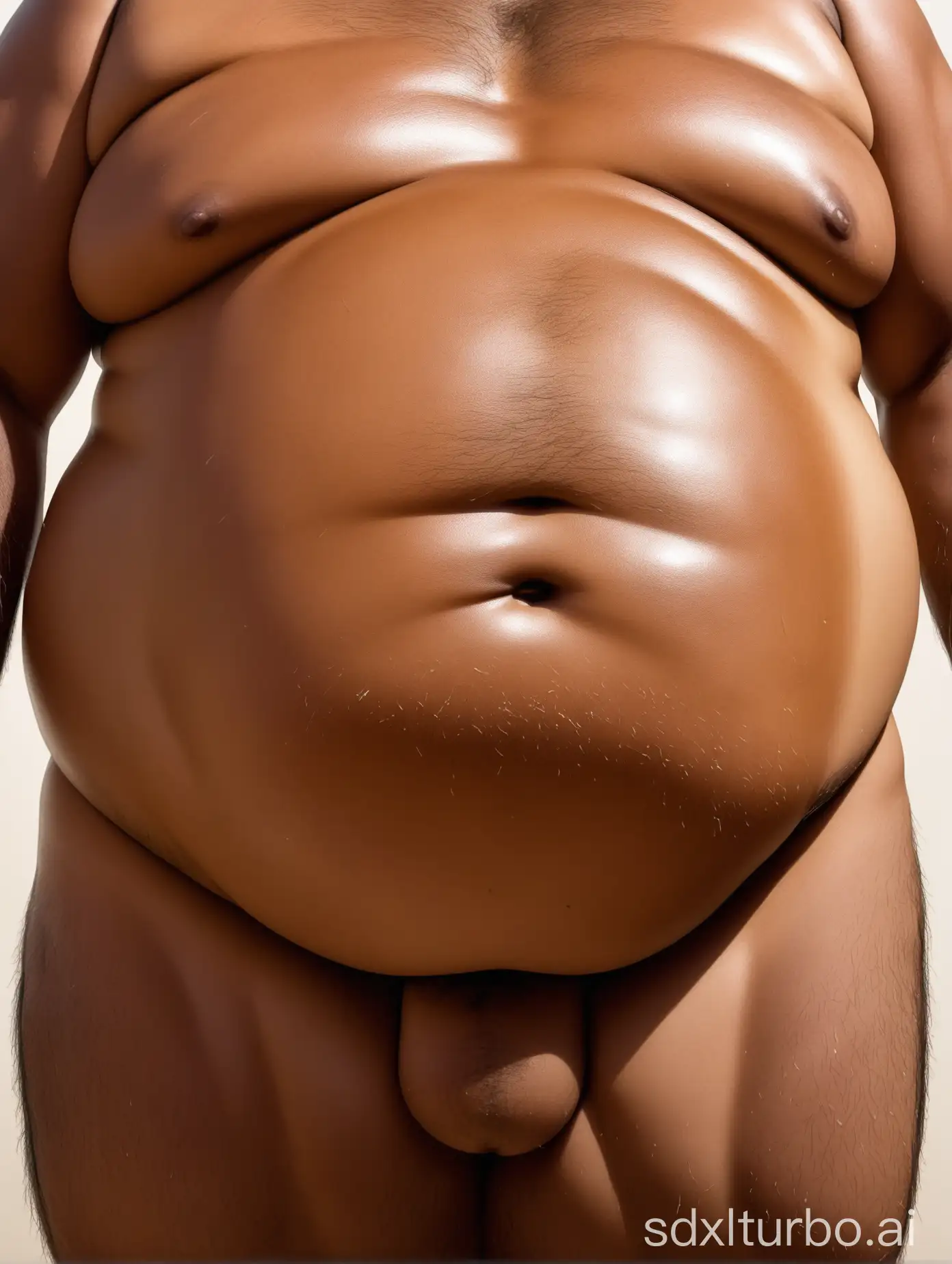 Close up of swollen tanned fat man belly