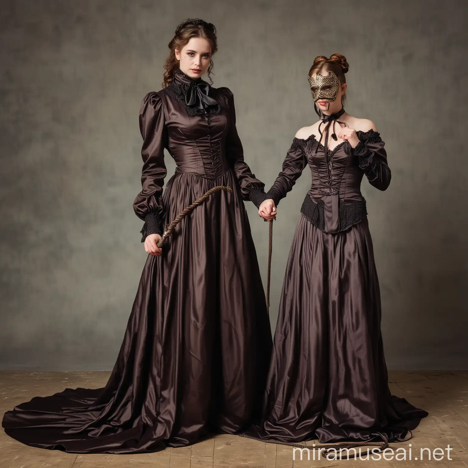 Victorian Women in Satin Dresses with Horsewhip and Mask