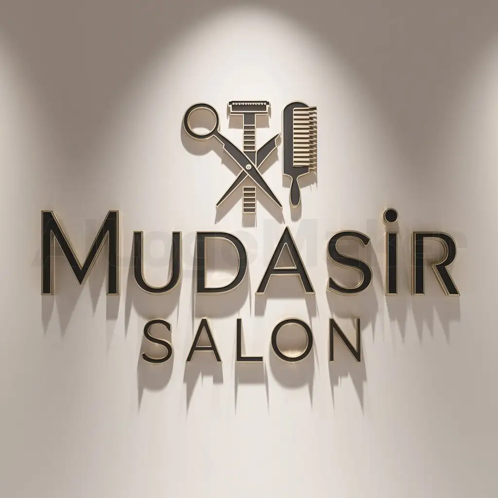 a logo design,with the text "MUDASIR SALON", main symbol:SALON/BARBEAR/SALON ACCESSORIES,Moderate,clear background