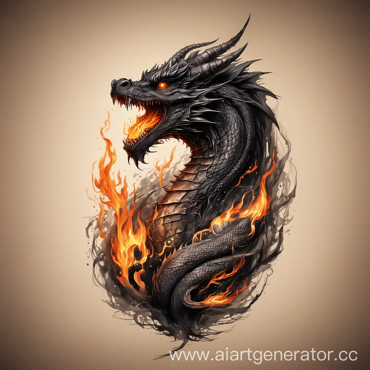 огромный черный дракон извергает огонь, тату эскиз, портрет дракона