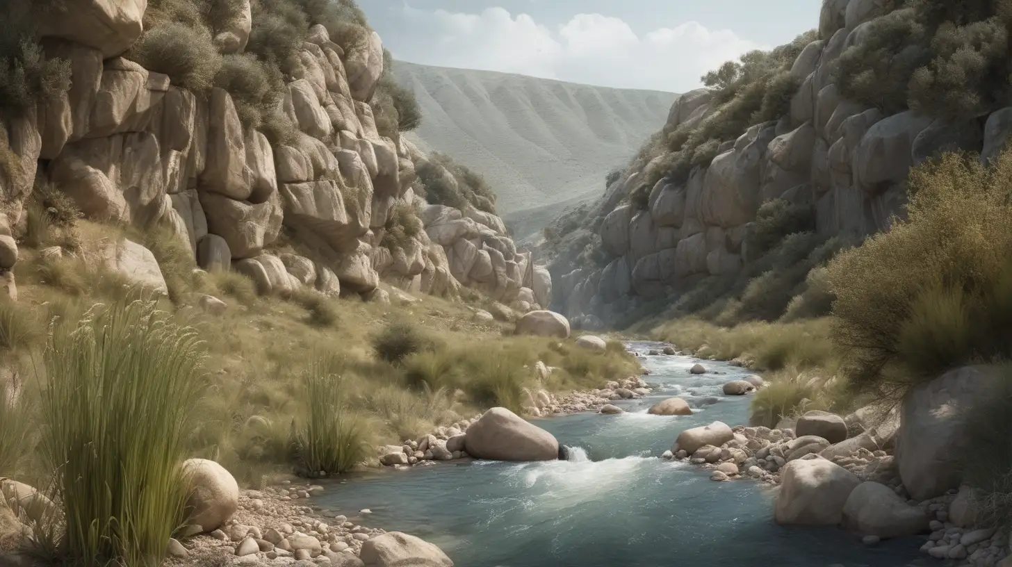 Biblical Epoch Scene Low Wilderness in a Ravine with Flowing River