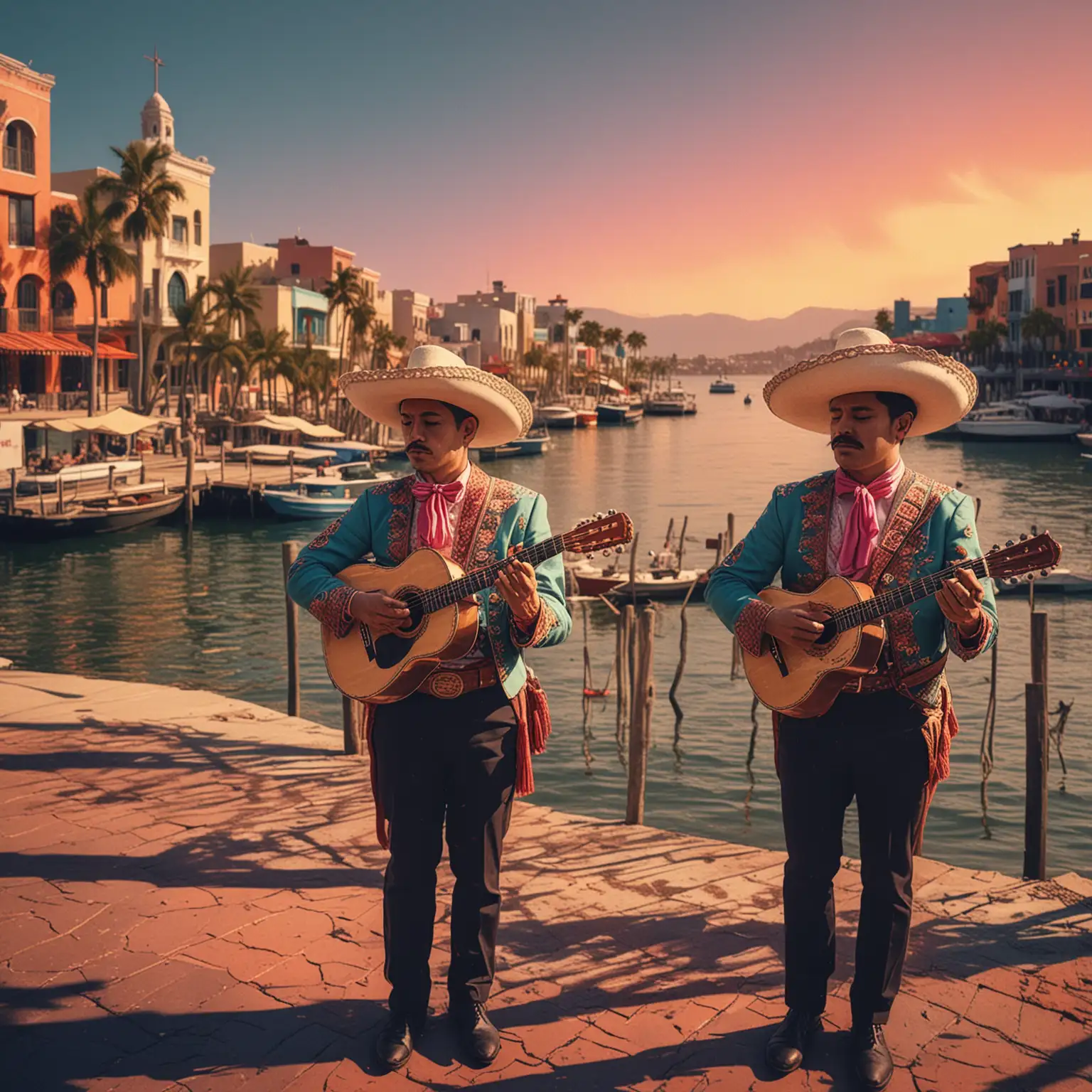 mariachi vibes by the waterfront, stylized, smeared colors, as if on a pleasant LSD trip