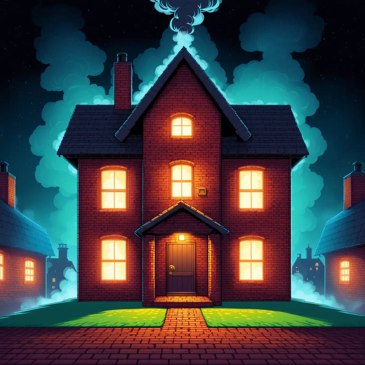 Point and Click game, Brick House with smoke everywhere night time, front view