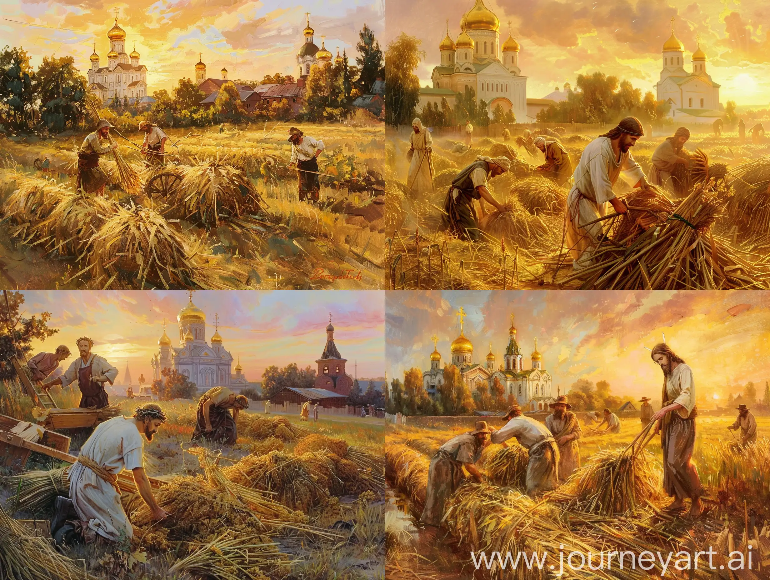 Christ Helping with the Harvest: "Christ aiding Russian peasants during the harvest, framed against the backdrop of golden-domed churches and the warm hues of a setting sun." based in Anatoly Timofeevich Fomenko e Gleb Vladimirovich Nosovsky books.
