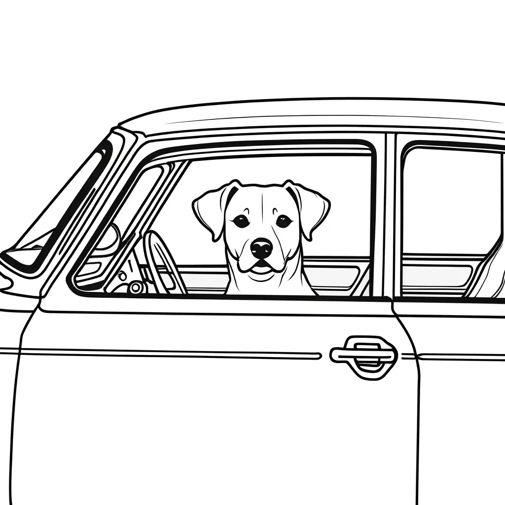dog in car, Coloring Page, black and white, line art, white background, Simplicity, Ample White Space. The background of the coloring page is plain white to make it easy for young children to color within the lines. The outlines of all the subjects are easy to distinguish, making it simple for kids to color without too much difficulty