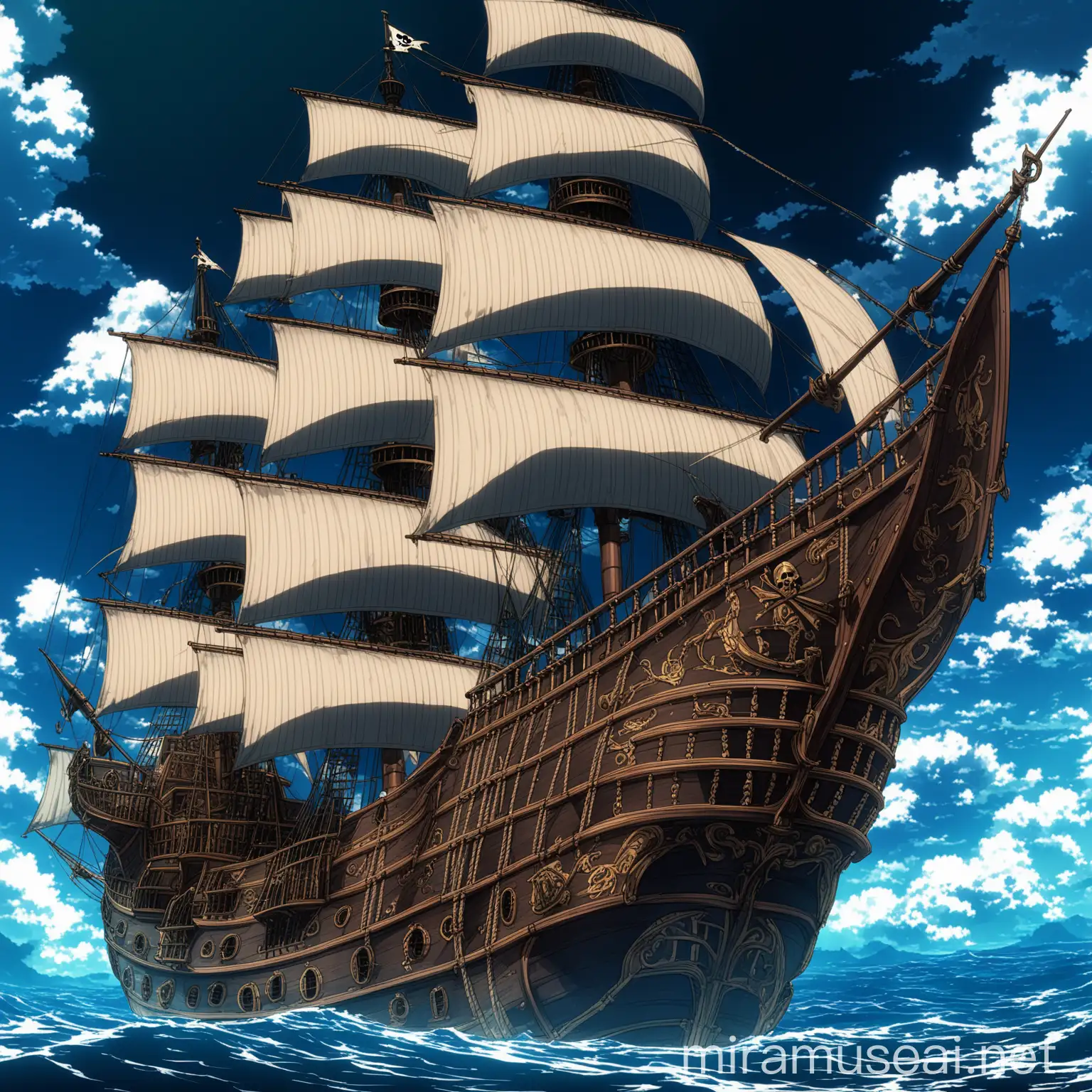 a giant elegant antique victorian pirate ship, the sails are majestic, in ocean. in anime