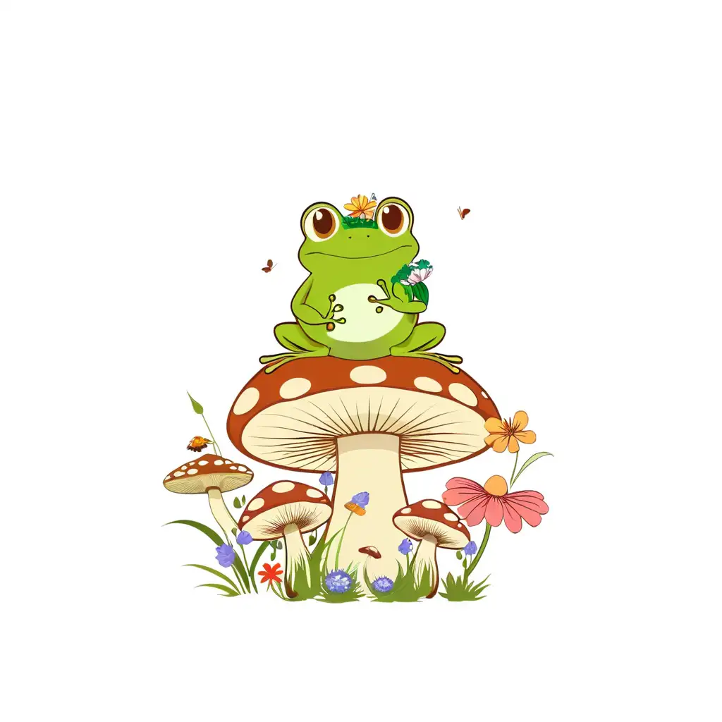 RETRO FROG SITTING ON MUSHROOMS AND LOTS OF FLOWERS, WHITE BACKGROUND