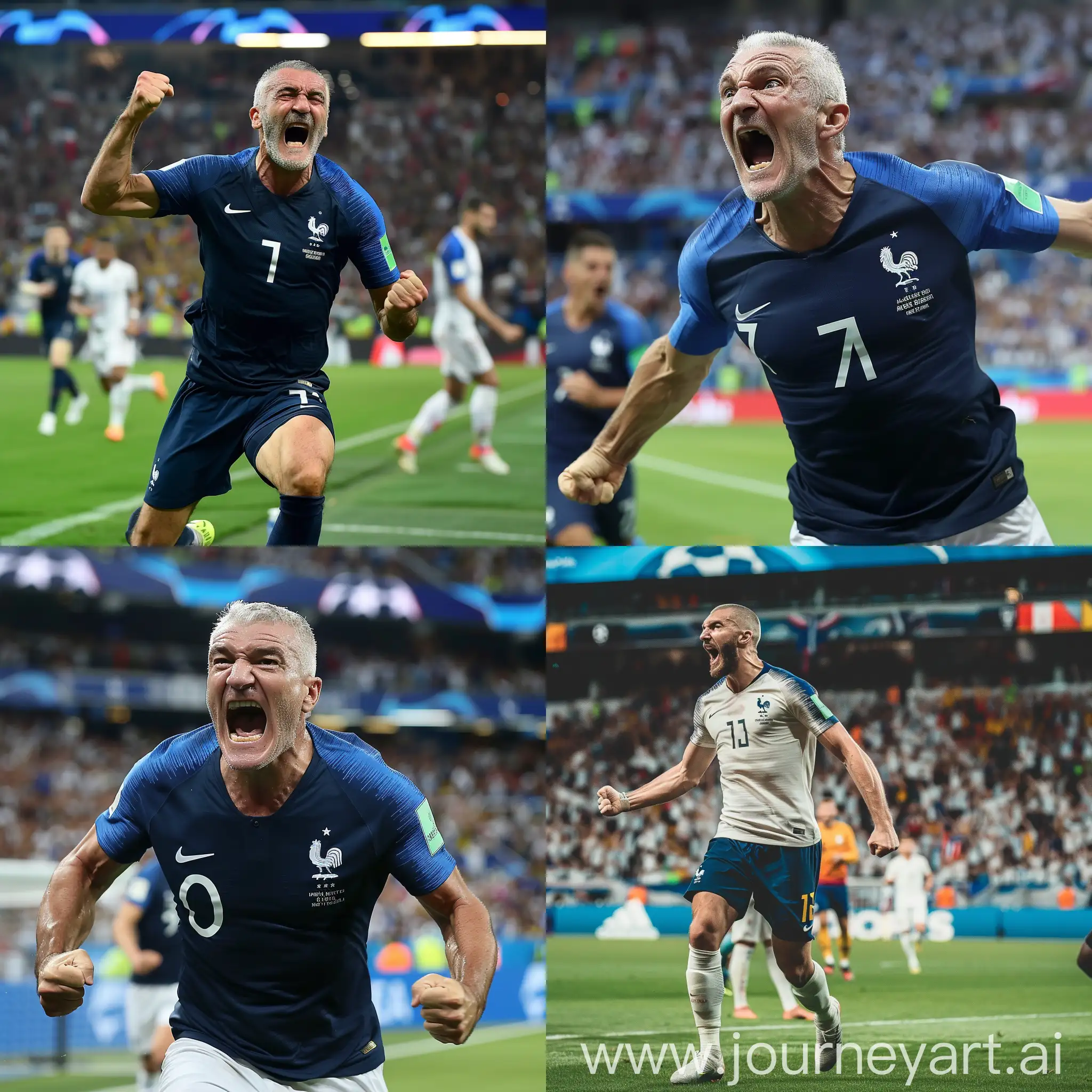 didier deschamps cheering and screaming as benzema is about to score a goal