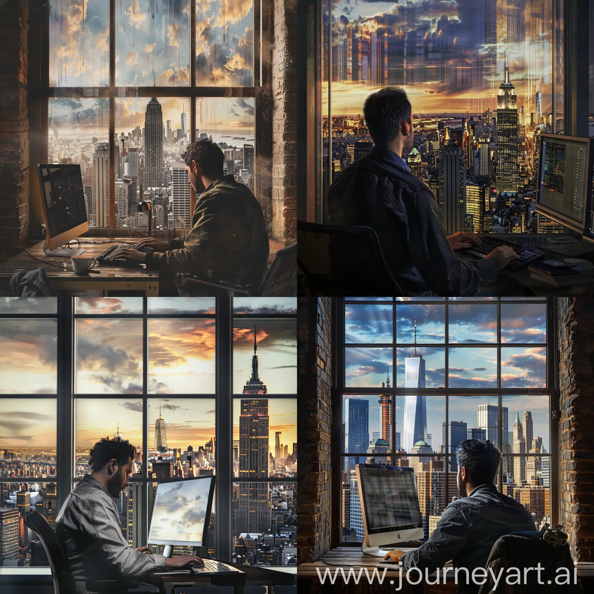 photorealistic image of a man at a computer working with the new york manhattan skyline in the window behind him,  working at a computer, professional casual dslr realistic