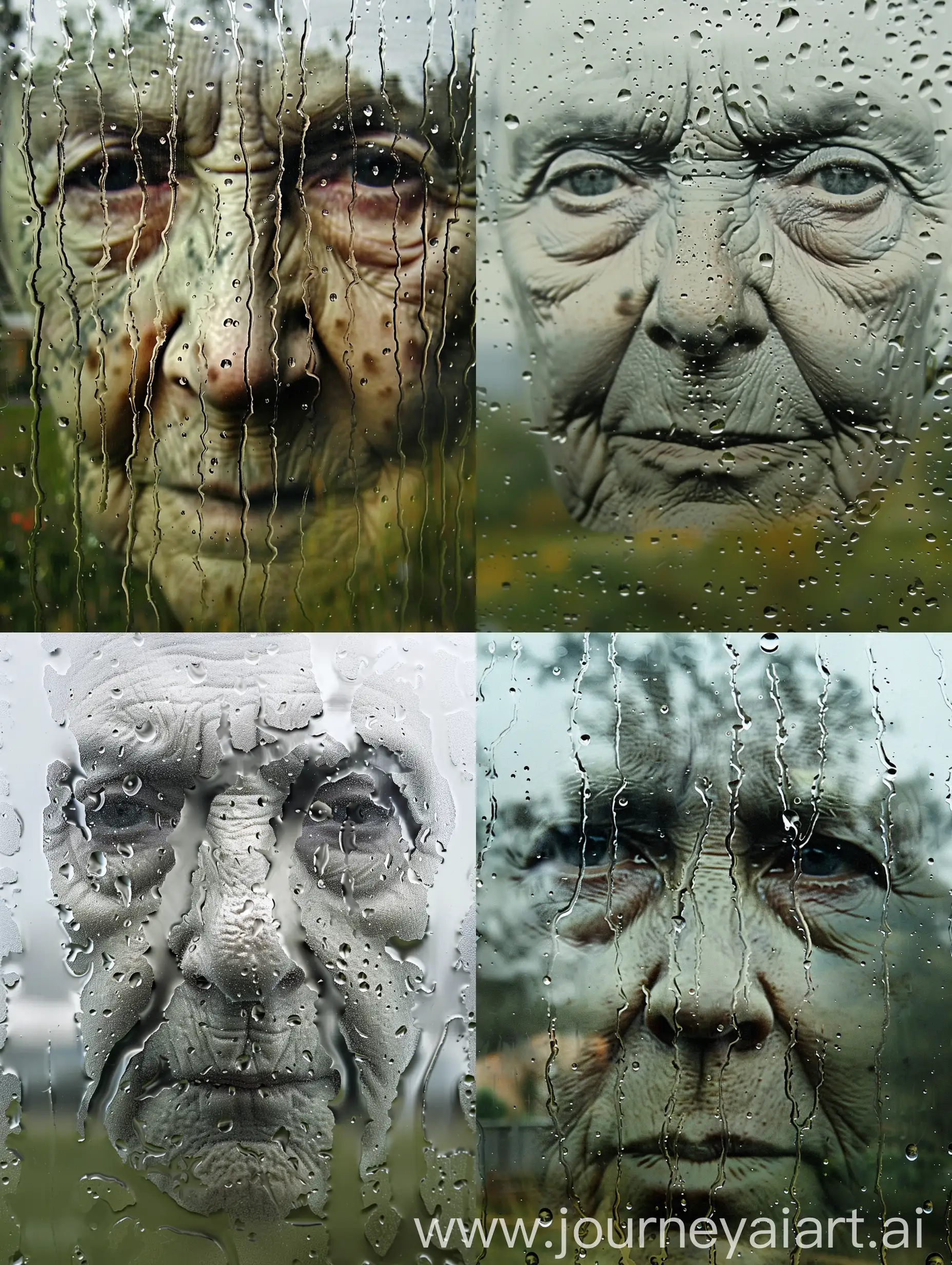 An artistically form of a delicate and depressed face of a elder woman formed entirely by natural moist areas, condensation, raindrops, and drip lines on a rain wet window pane. The artistic rendition emphasizes a minimalistic approach, with each facial detail—eyes, nose, mouth, eyebrows—finely shaped by the natural accumulation of moisture and subtle shadows. The blurry landscape accents from the outdoor subtly contribute to the face's accents