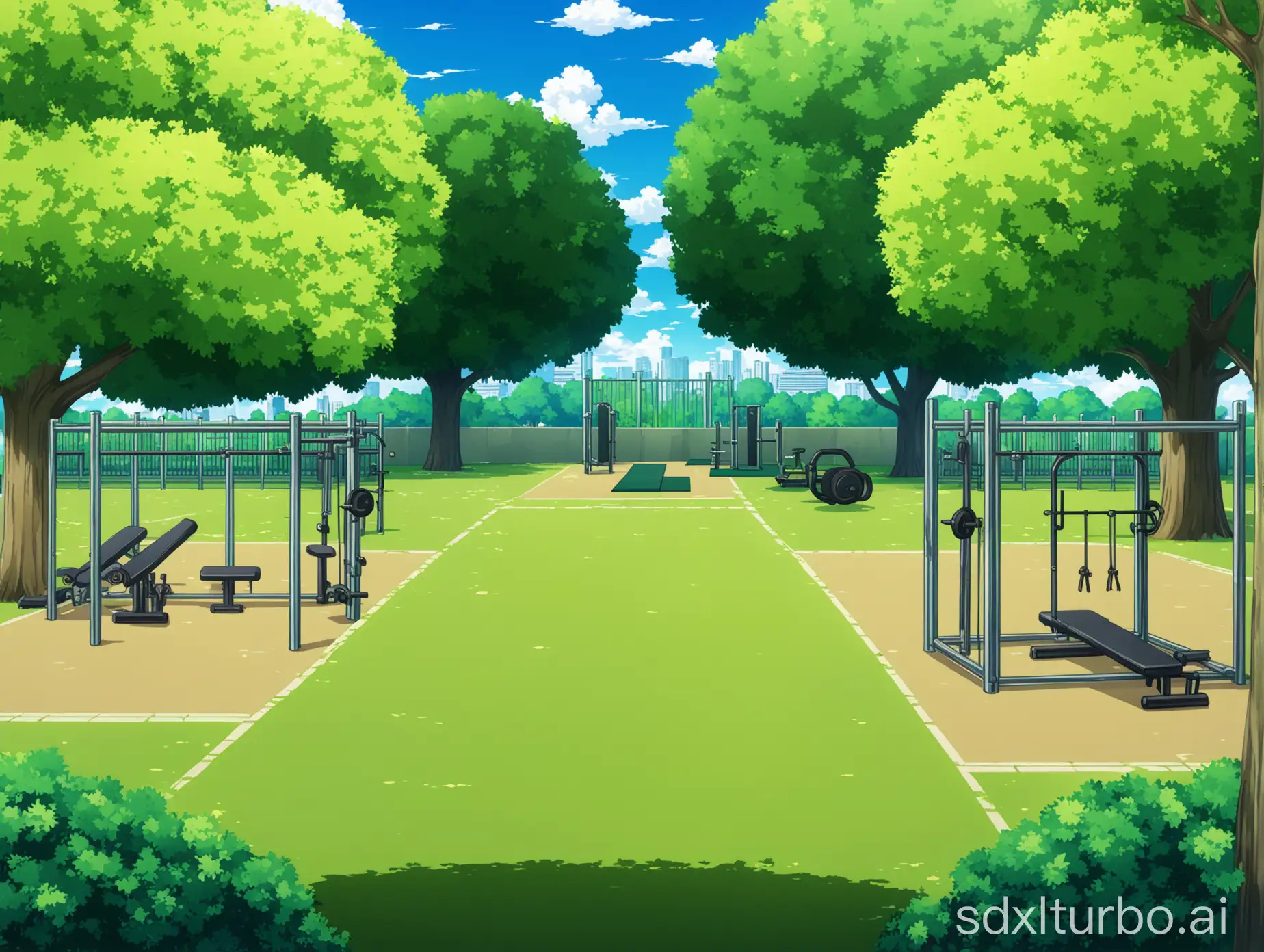 Anime-Green-Park-with-Exercise-Areas-and-Equipment