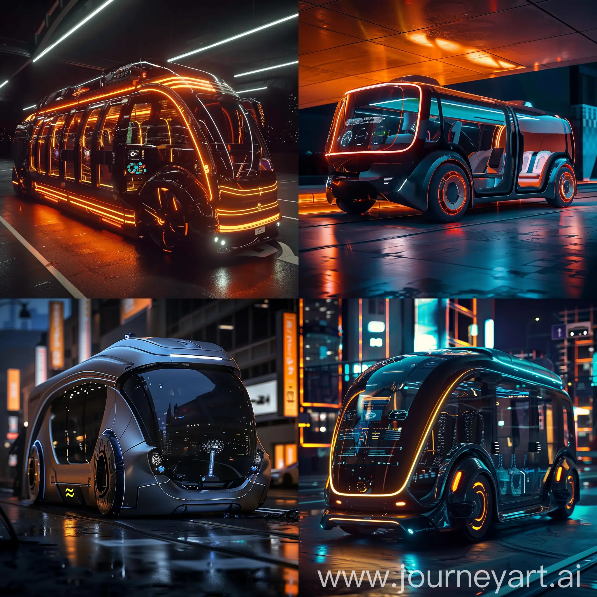 Sci-Fi microbus, Advanced Science and Technology, Advanced, Autonomous Driving System, Electric Powertrain, Regenerative Braking, Augmented Reality Dashboard, AI-Powered Interface, Modular Interior Design, Advanced HVAC System, Energy Harvesting Suspension, Wireless Charging, Smart Glass Technology, Aerodynamic Shape, Solar Panel Integration, Active Aero Elements, Smart Wheels, LED Matrix Lighting, Holographic Indicators, Electrochromic Paint, Retractable Door Handles, Drone Docking Station, Lightweight Composite Materials, In Unreal Engine 5 Style --stylize 1000