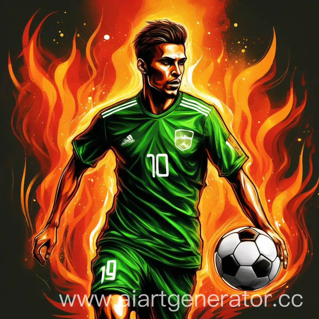 нарисуй футболиста в зеленой форме, огненный фон