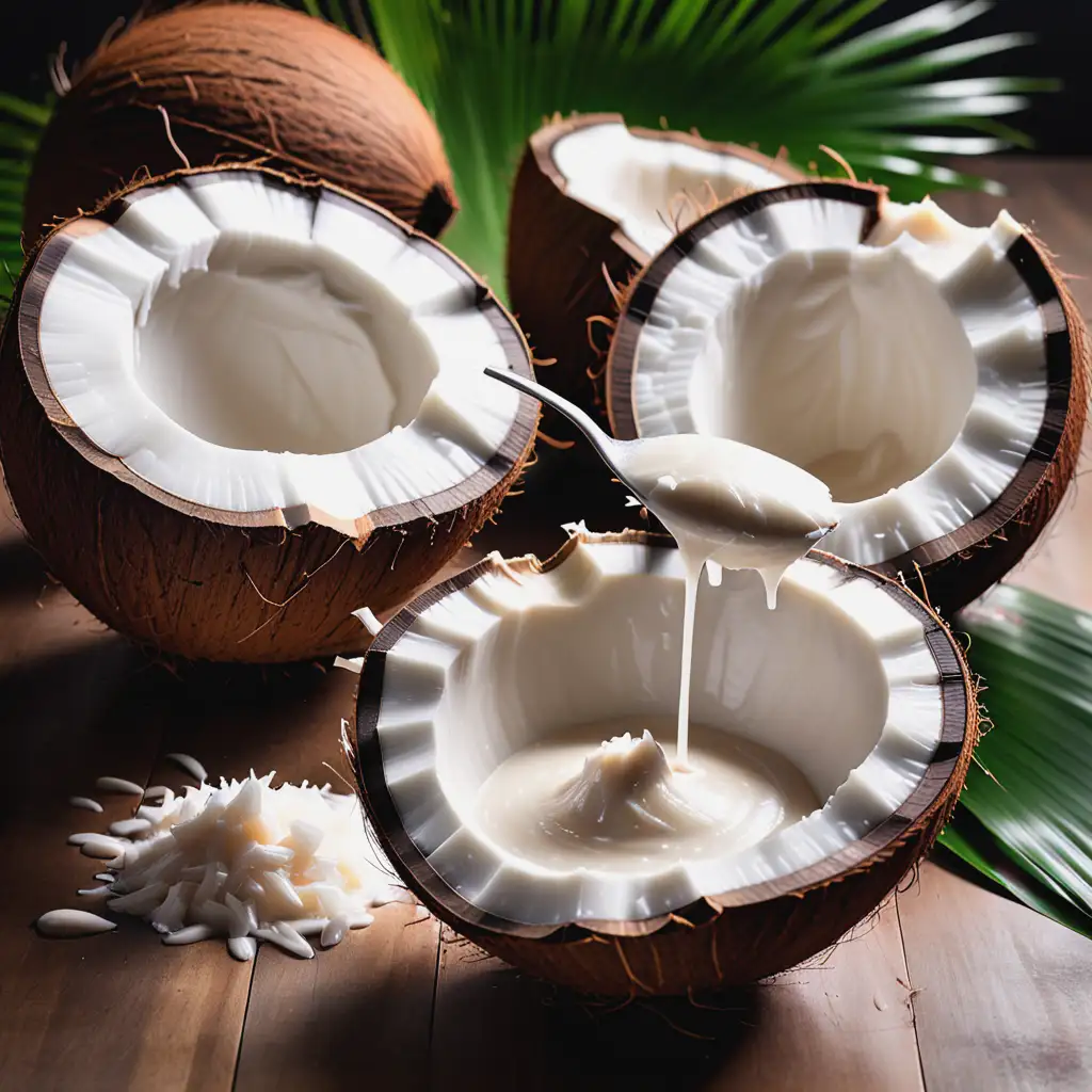 Create a sleek highlight series of coconut milk extracted from fresh coconut halves. The setting should be a comfortable and accessible environment.