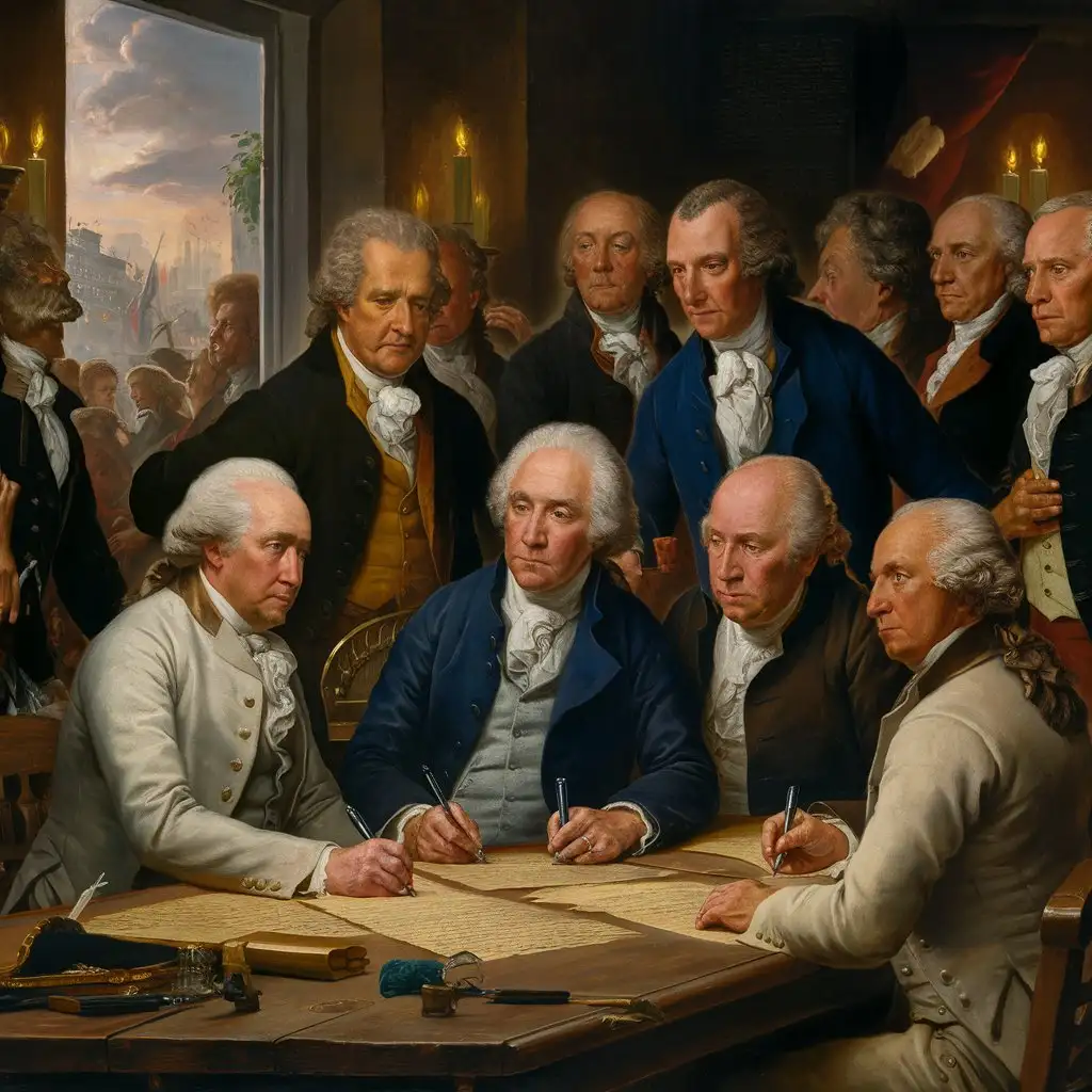 Founding Fathers Signing the Declaration of Independence in Historical Setting