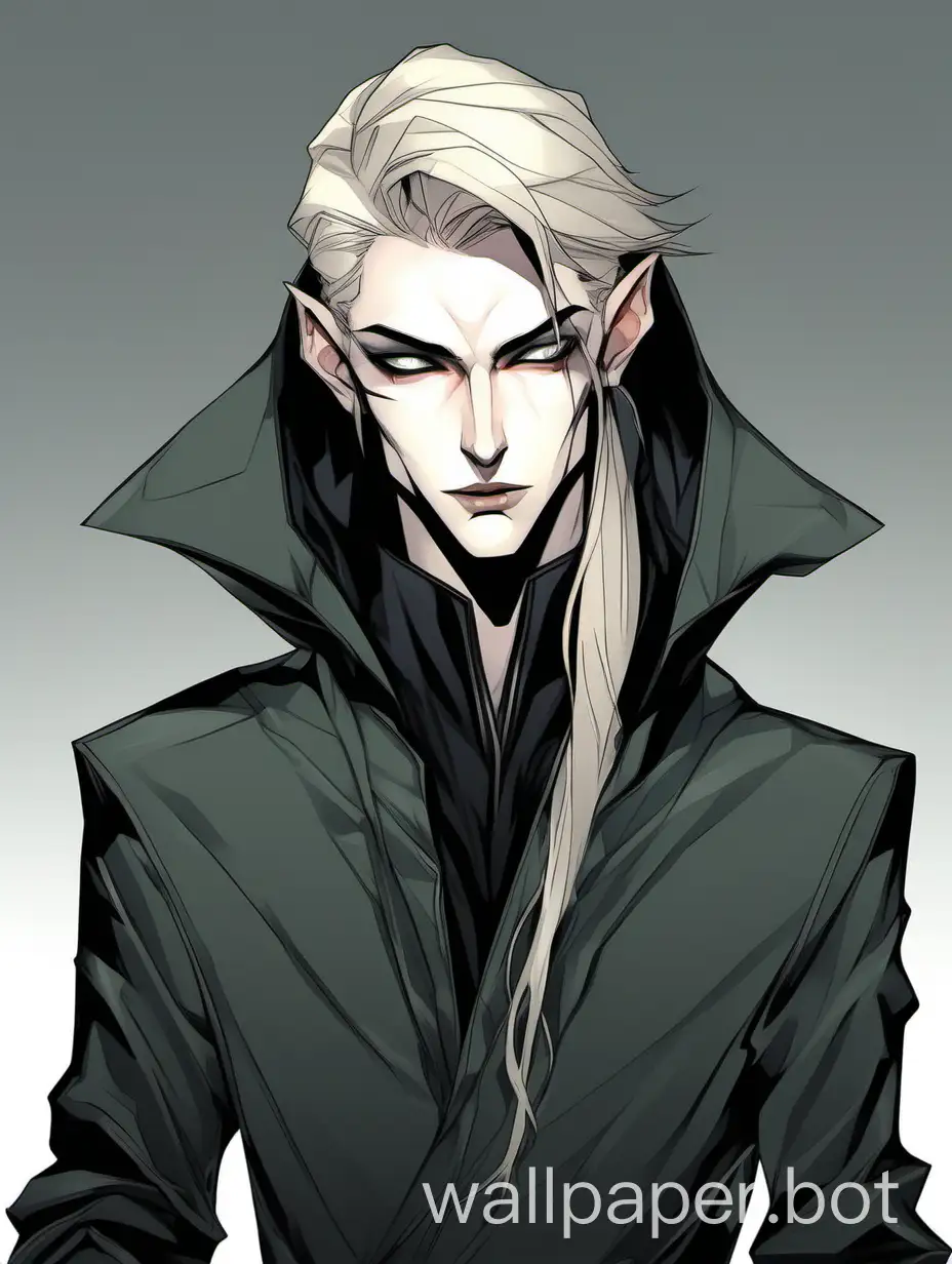 villain vampire, vampiric feminine man, long, slender, androgynous, ambiguous gender, nonbinary, model, pale ash blond hair, hair length down to chin jaw, elf-like, sadist, pale green-grey eyes, half-closed eyes, defined under eyes, angular arched high eyebrows, high browbone, shaped eyebrows, sleek cheekbones, pale skin, pale lips, long angular face, pronounced frontal process of maxilla, artificer, pointed ears, long smooth chin, long sharp sleek straight nose, flat chest, young adult, modern, sly, roguish, smirk, pretty boy, well groomed, wearing black hoodie, prettyboi, pallid, high cheekbones, sharp jaw, pale, otherworldly, techwear, art deco