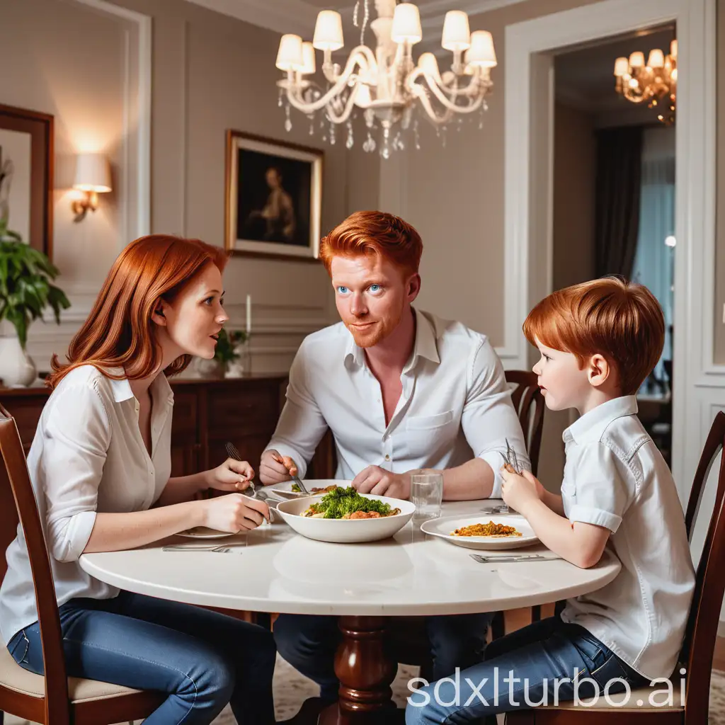 a family eating dinner in an luxury dinning room and table, Ginger hair color brown eyes, wearing white shirt and jeans, a young family, a couple 30 years old, with a boy 7 years old, short hair, side view