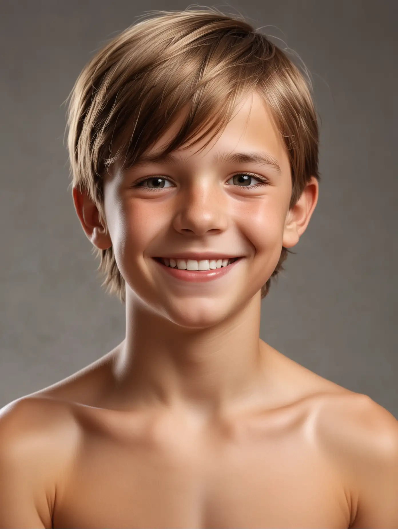 Back view, Hyper realistic Portrait quality photo of shinny thirteen year old boy, smiling, soft shiny straight collar length hair,   shirtless,  from waist up