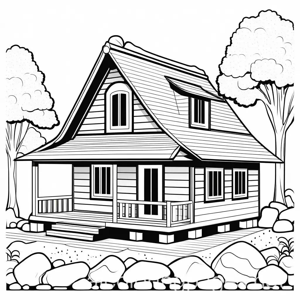 cute stone cabin kawaii style, Coloring Page, black and white, line art, white background, Simplicity, Ample White Space