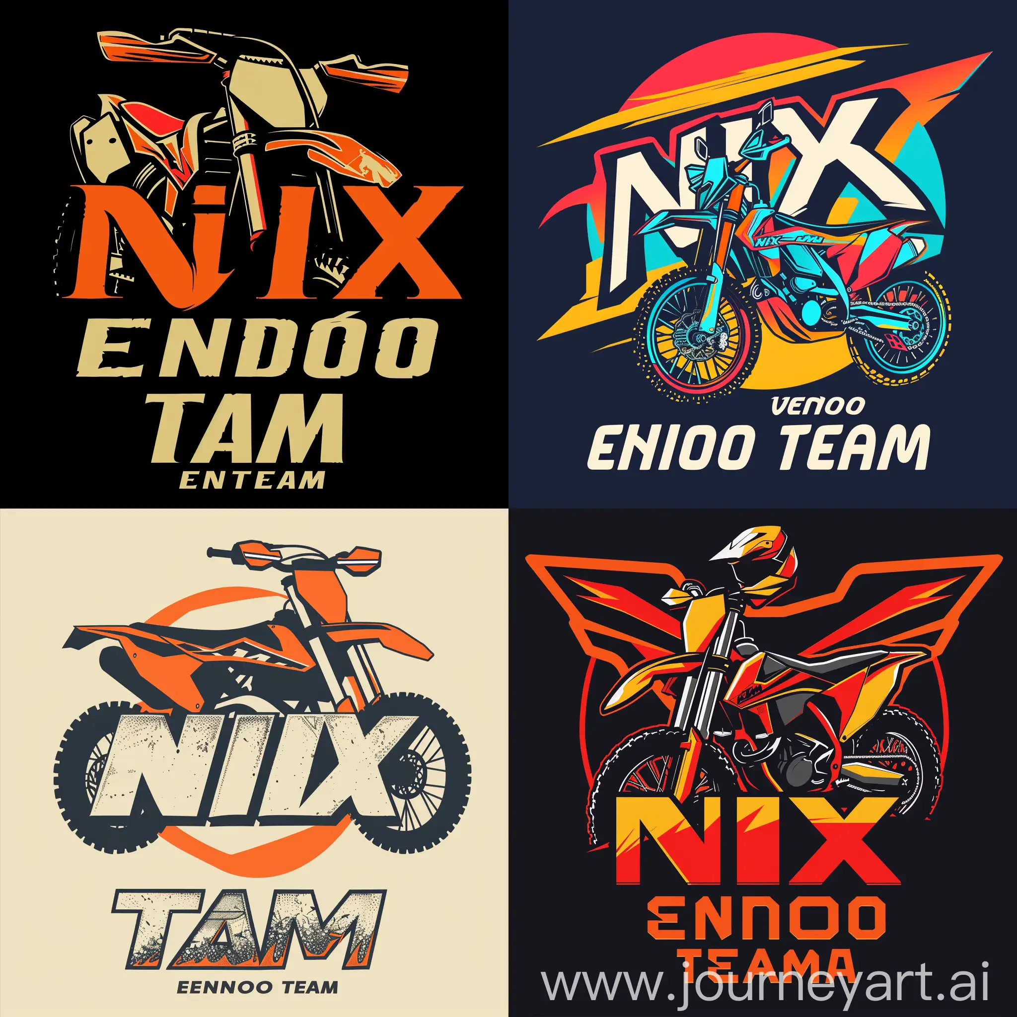 Нужен логотип для команды Эндуро Визуально чтобы выглядела как эмблема с яркими цветами: это цвета мотоциклов KTM, gas gas, BETA. Название NIX крупно под эмблемой и маленьким шрифтом снизу под названием enduro TEAM