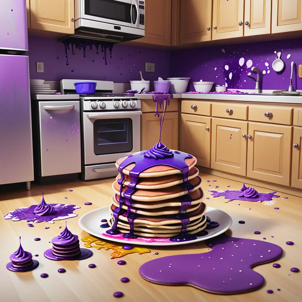 Cartoon kitchen chaos: little bottle of food coloring spilling from a cabinet, purple splatters on the floor and table, bowl of pancake batter and a tack of purple pancakes on a table.