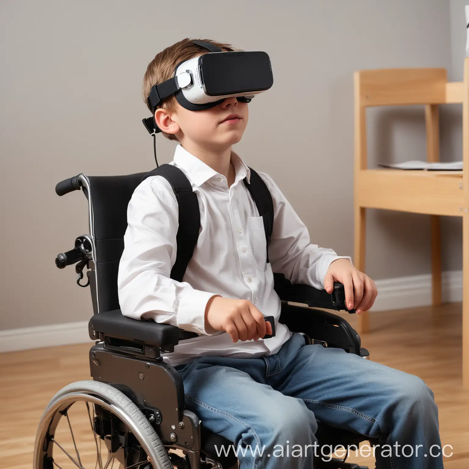 Школьник в инвалидном кресле с VR-очками