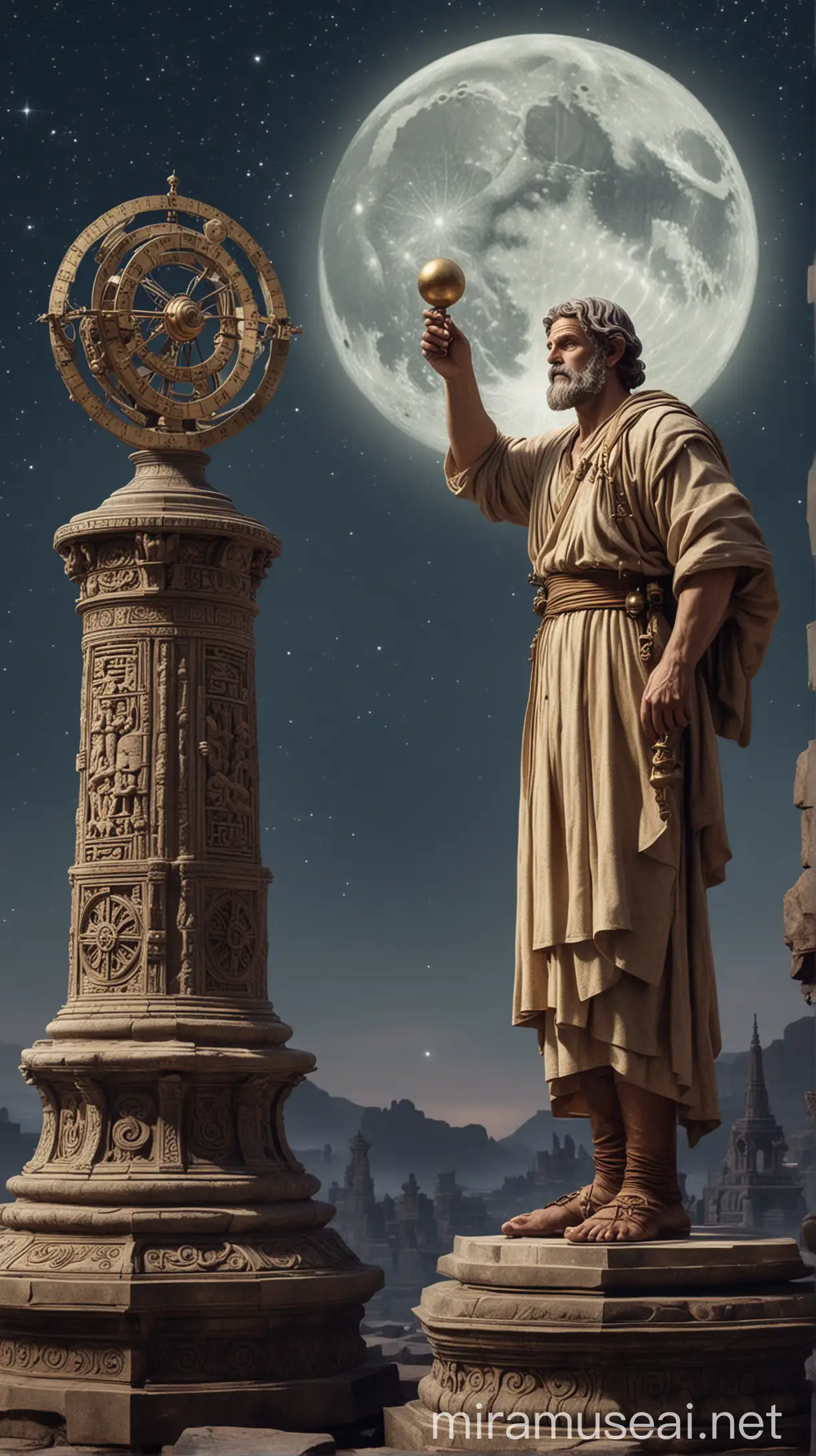 An Ancient Astronomer holding a portable astrolabe up to the night sky. He is standing atop a stone temple. Include an armillary sphere next to him.