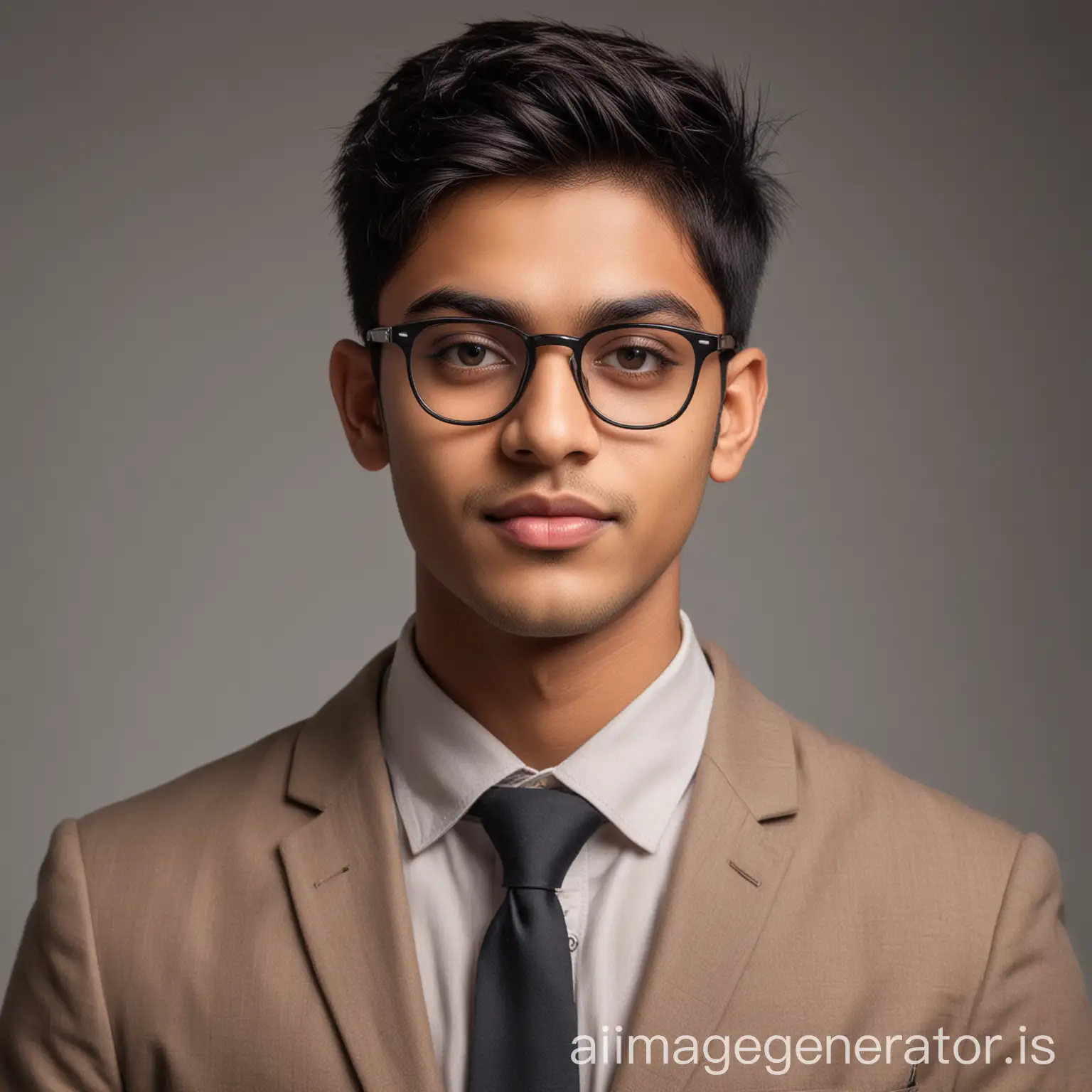 21 years old indian boy with fair skin wearing spectacles and narrow body posing for a linkedin picture in formulas