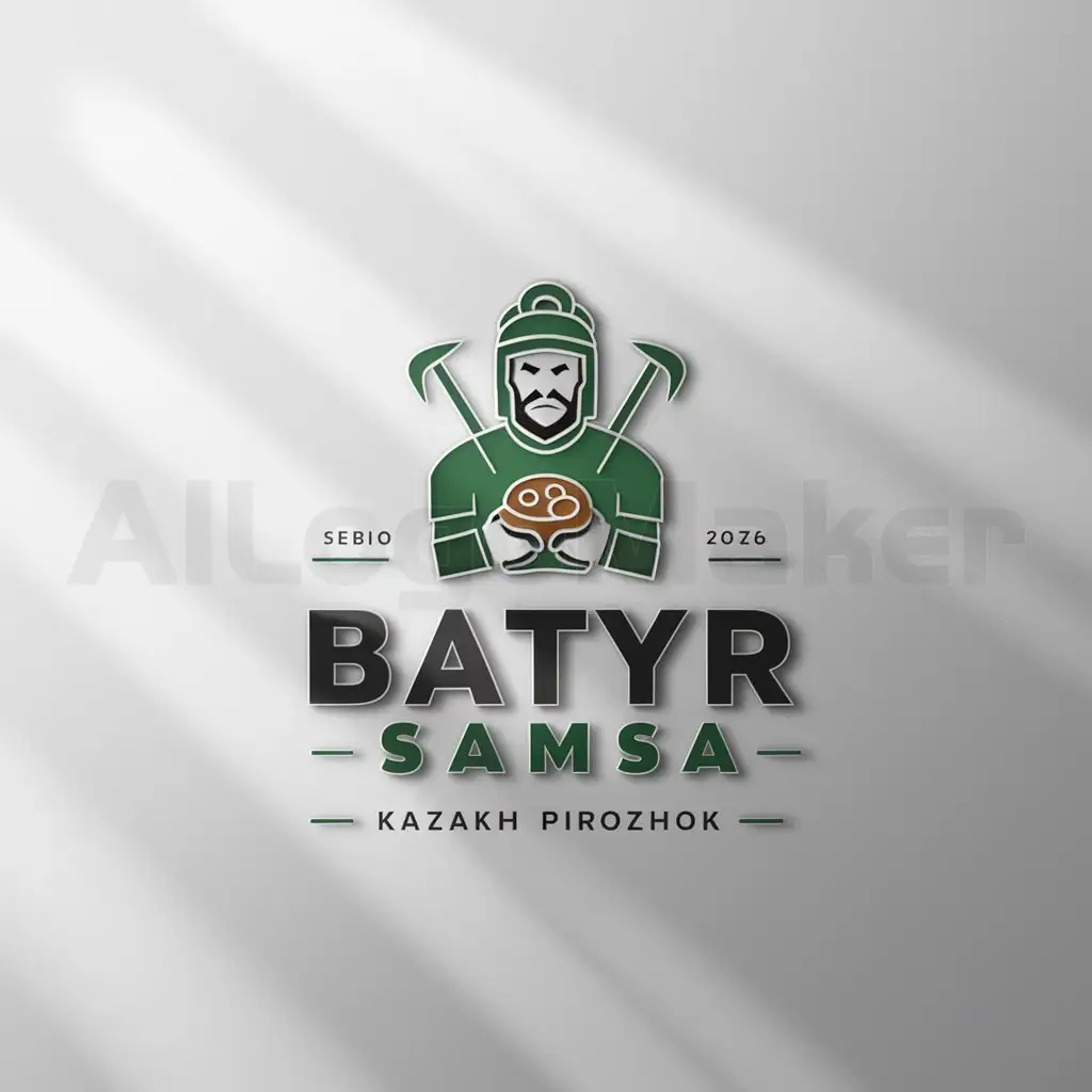 a logo design,with the text "Batyr Samsa", main symbol:Kazakhskiy Batyr in hand with Pirozhok,Moderate,clear background