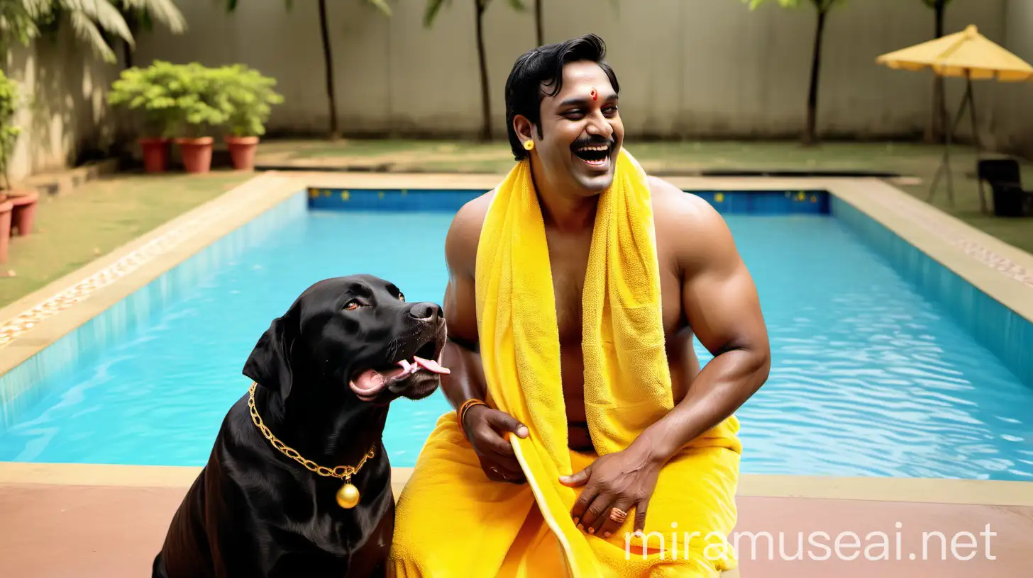 
a 23 years indian muscular man with bull head is sitting with a 53 years  indian mature fat 
 pregnant woman  with makeup wearing earrings and gold ornaments   with boob cut style   . both are wearing wet neon lemon bath towel and  they are standing in a luxurious swimming pool court yard ,and are happy and laughing. and Labrador Retriever
Dog breed
 is near them. they are standing . its a night  time and lights are there. its raining . 
