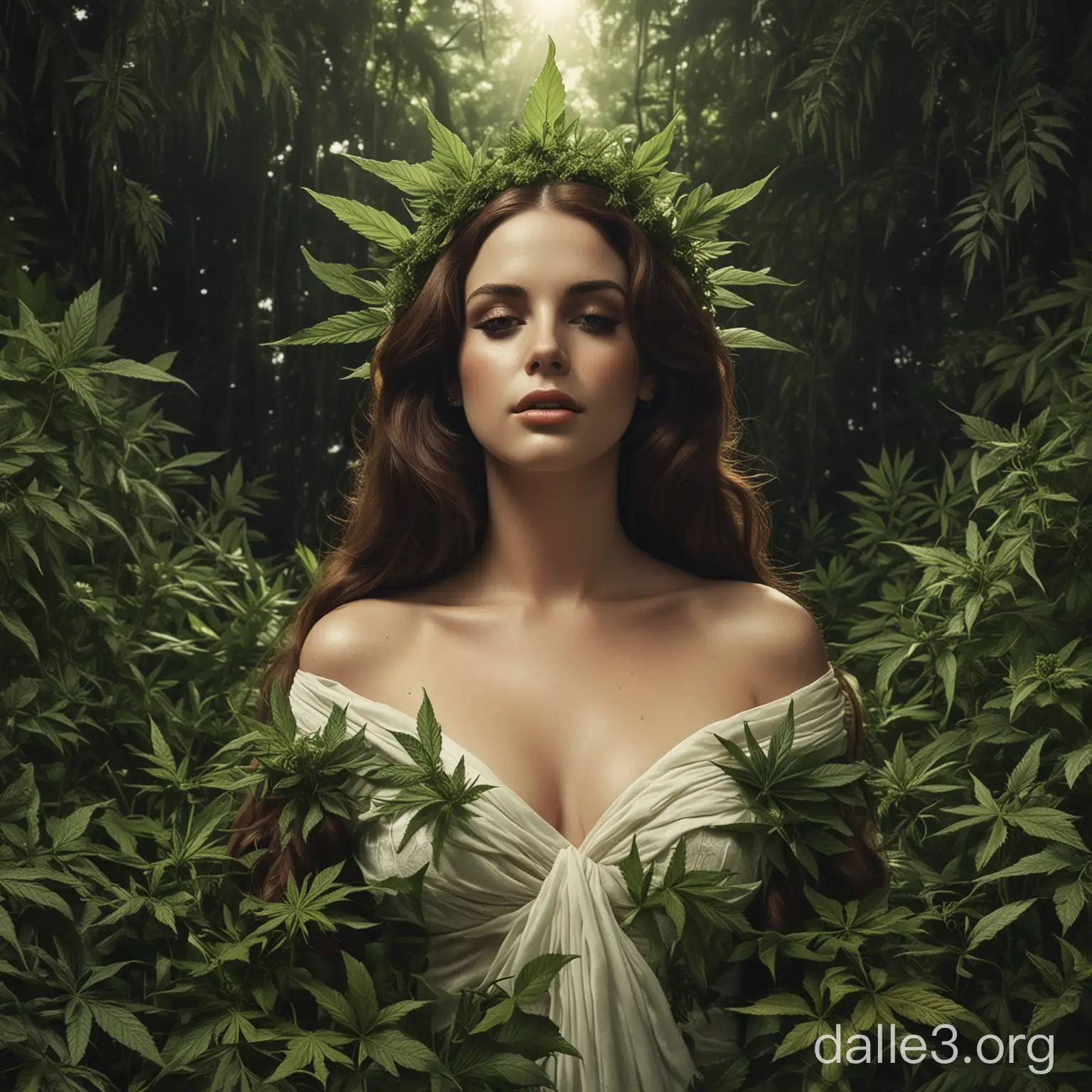 Picture Lana del rey as a goddess draped in cannabis leaves.