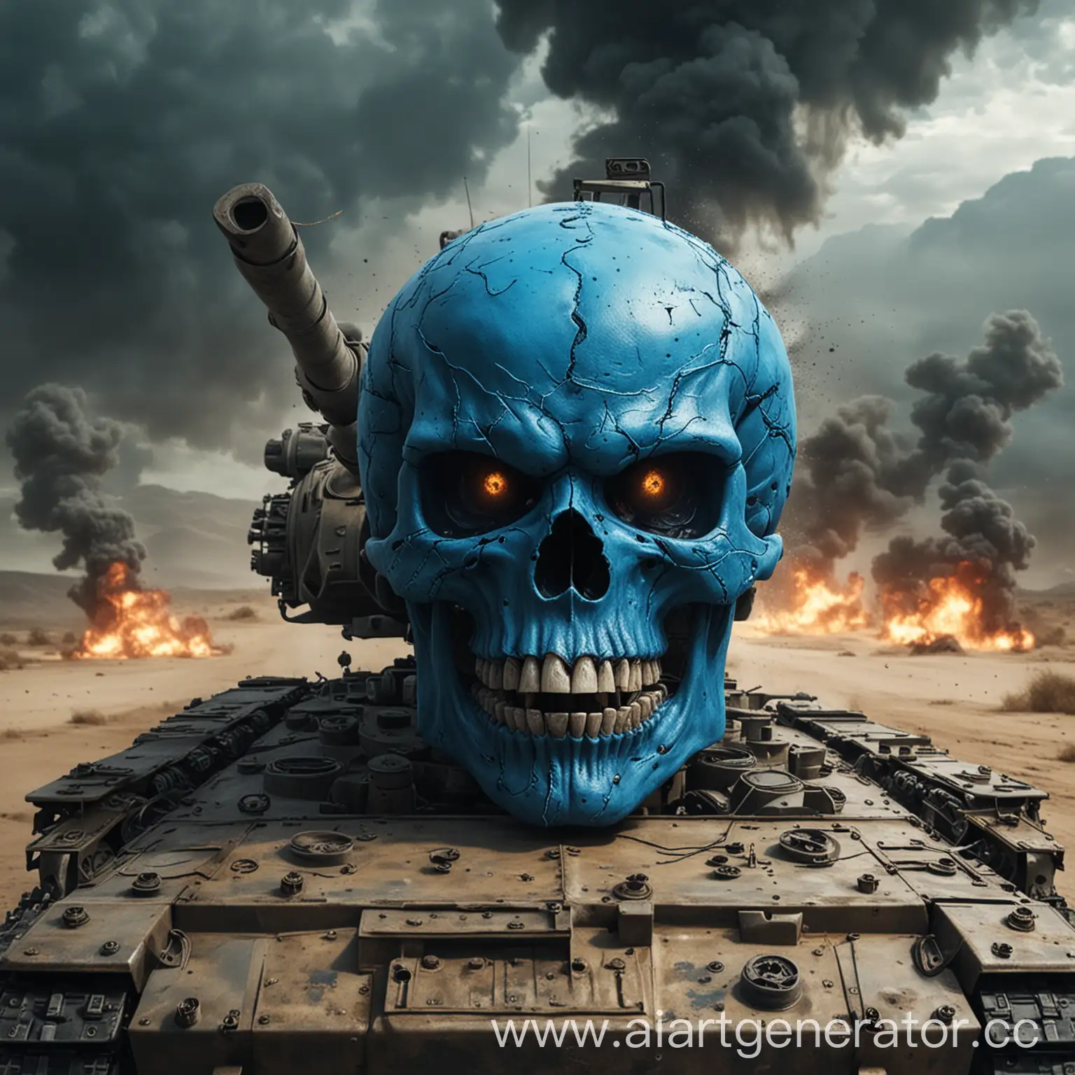 Злой синий череп катается на танке
