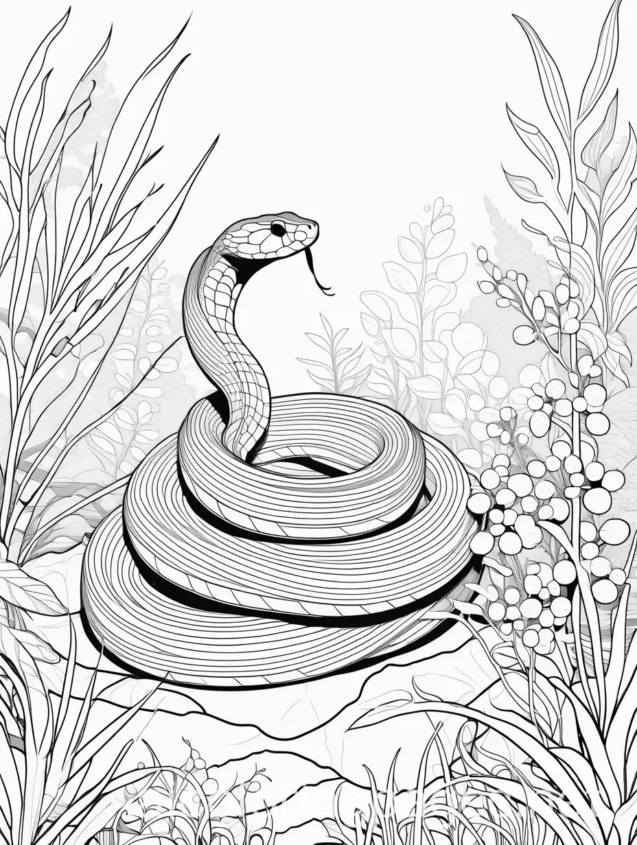 simple snake sketch in garden, coloring page, Coloring Page, black and white, line art, white background, Simplicity, Ample White Space. The background of the coloring page is plain white to make it easy for young children to color within the lines. The outlines of all the subjects are easy to distinguish, making it simple for kids to color without too much difficulty