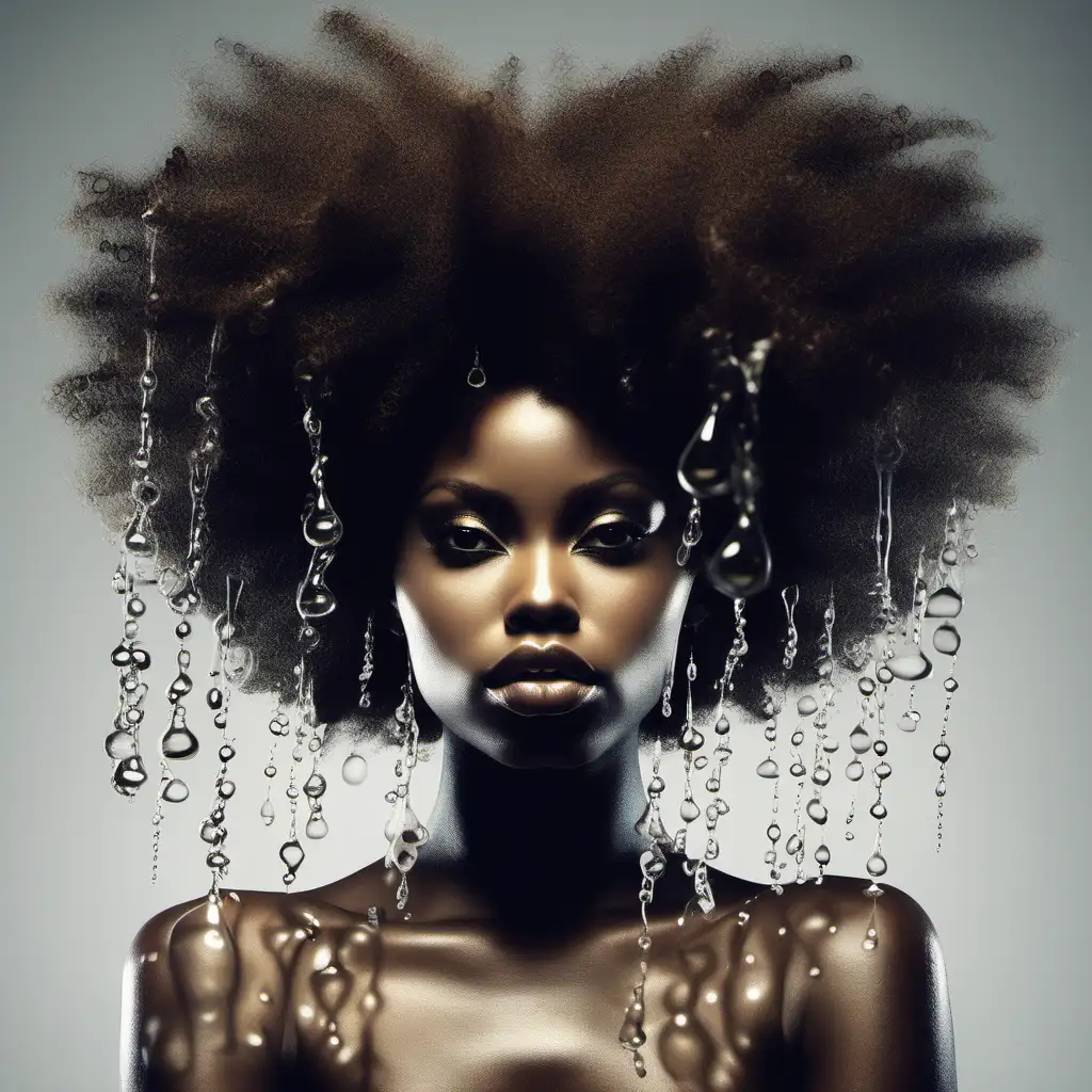 Afro for the hair symbolizing kinky hair and oil bottles or droplets and/or droplets 
